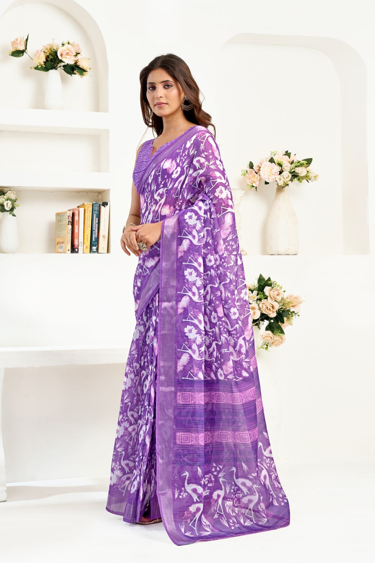 Purple Linen Ready To Wear Saree With Zari Border Printed