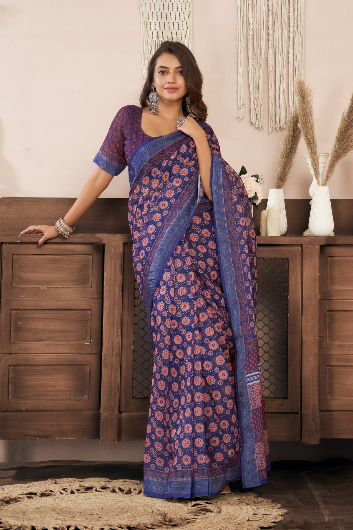 Purple Linen Ready To Wear Saree With Zari Border Printed