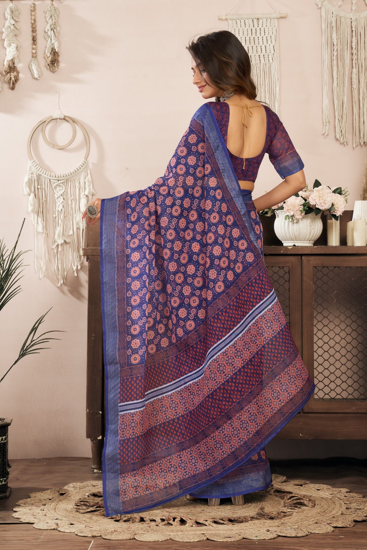 Purple Linen Ready To Wear Saree With Zari Border Printed