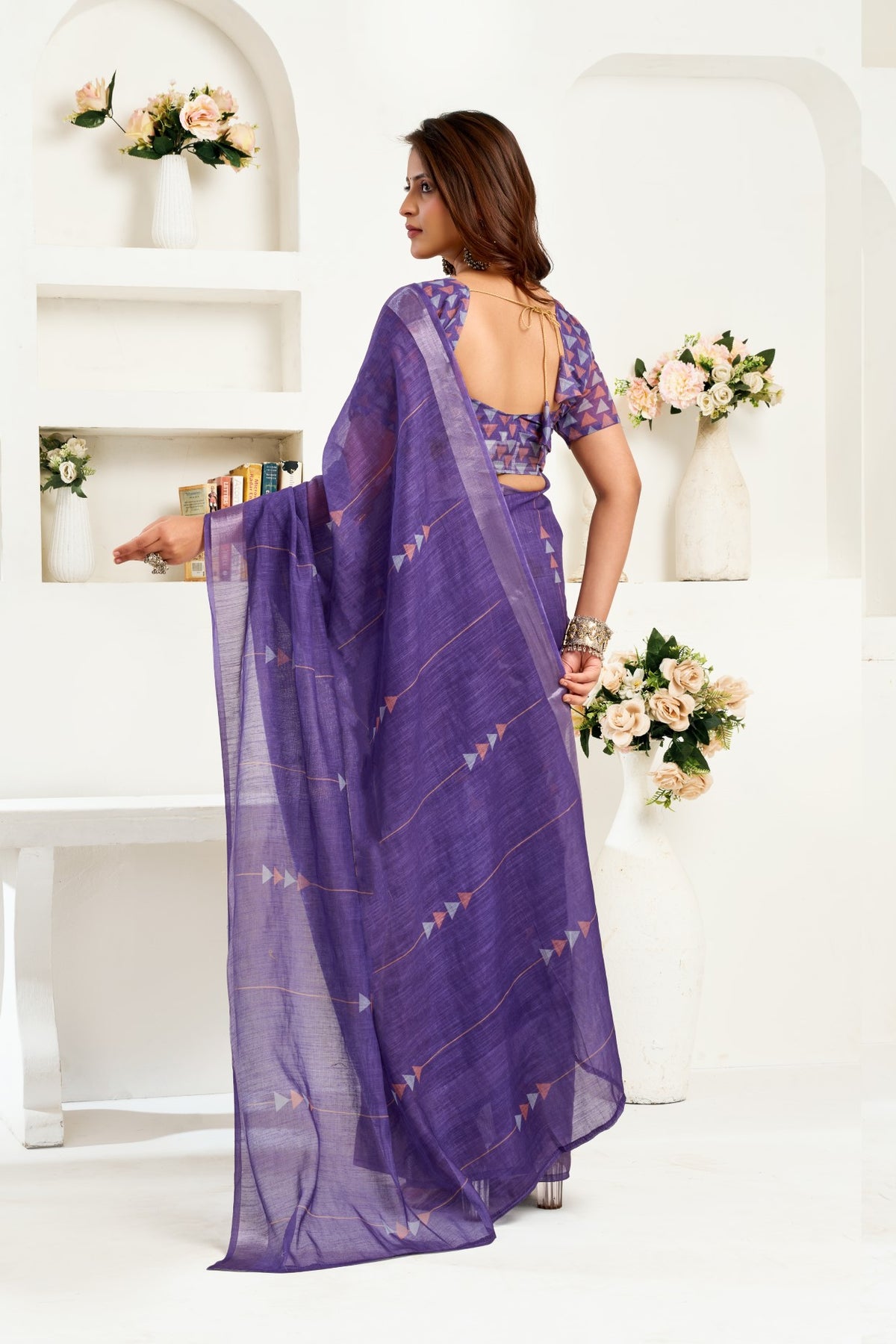 Purple Linen Ready To Wear Saree With Zari Border Printed