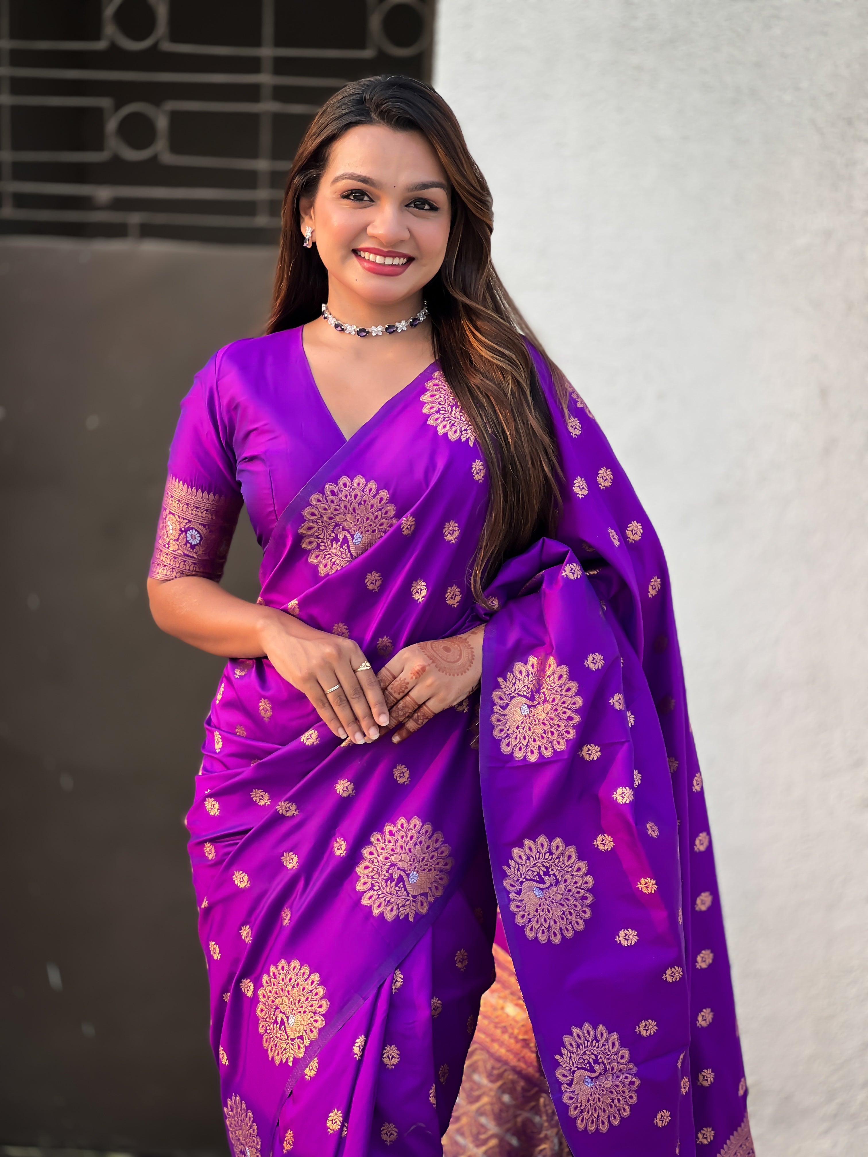 Purple Moonga Silk Woven Dual Jari Peacock Designer Heavy Festive Wear Saree