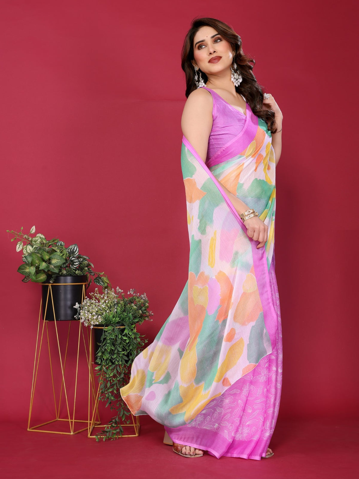 Purple Moss Chiffon Saree With Elegant Printed Design