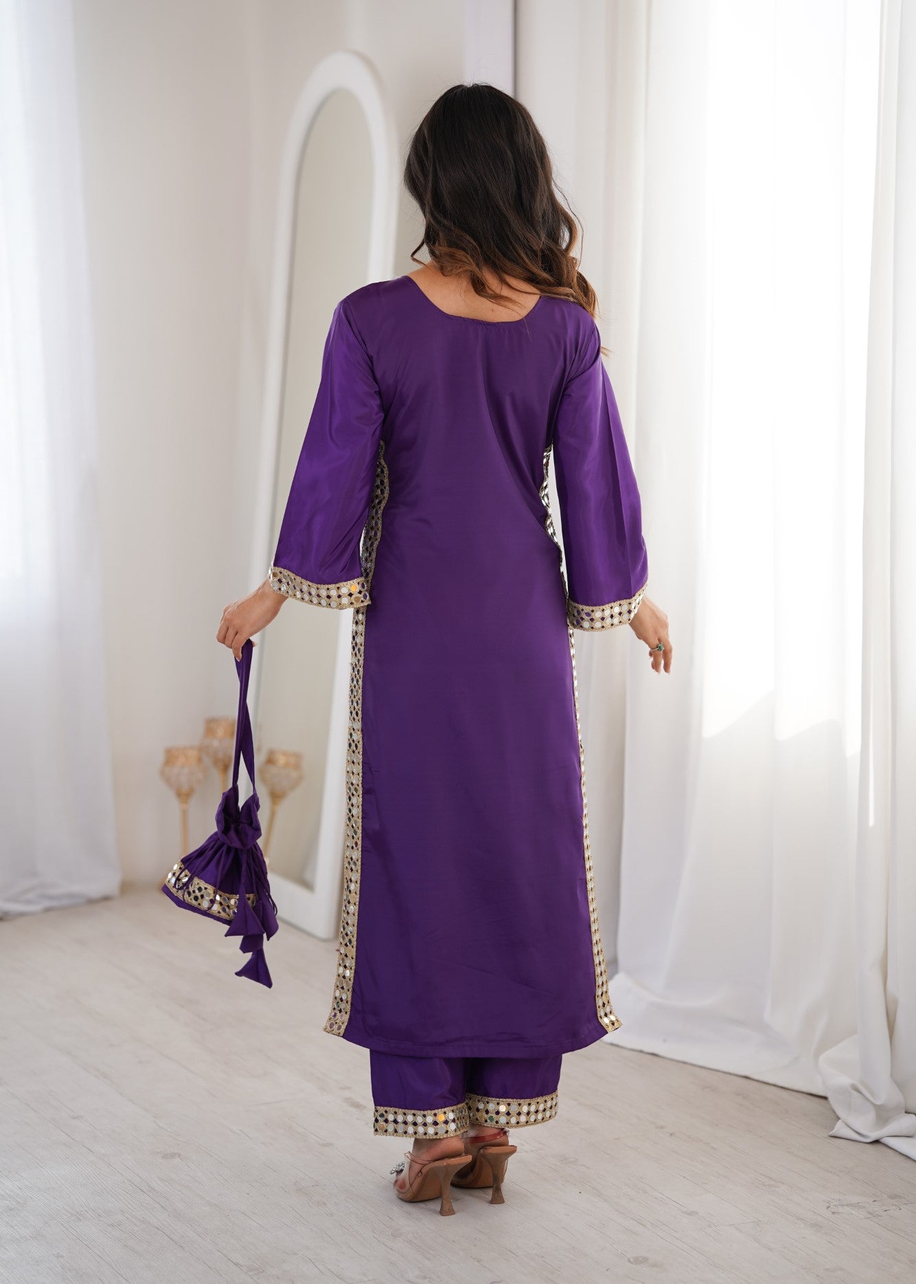 Purple Natural Crepe Designer Suit Set With Mirror Lace Accents
