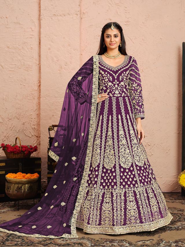 Purple Net Heavy Thread Embroidery And Zari Work  Anarkali Suits
