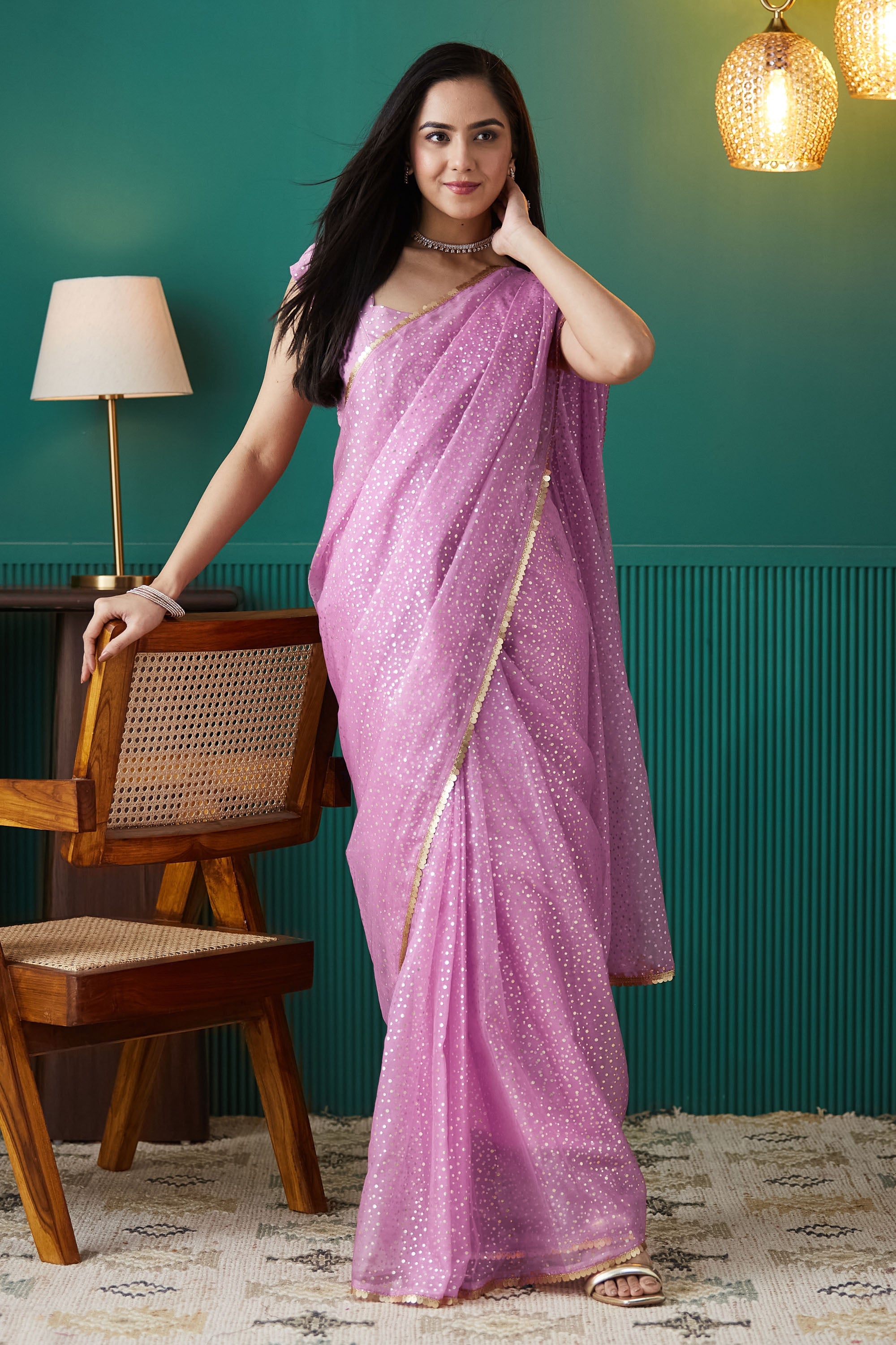 Purple Organza Designer Foil Printed Partywear Saree