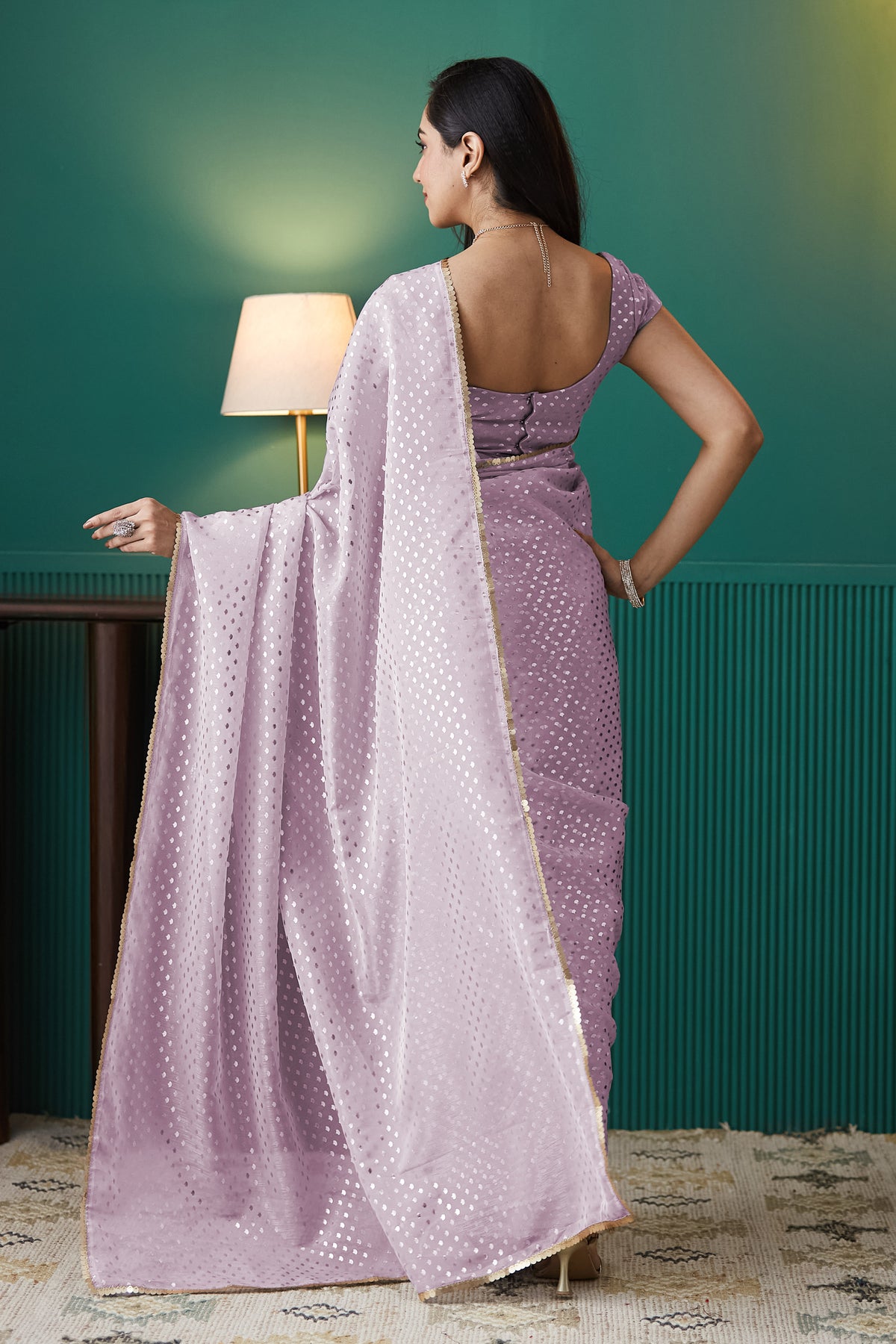 Purple Organza Designer Foil Printed Ready To Wear Saree