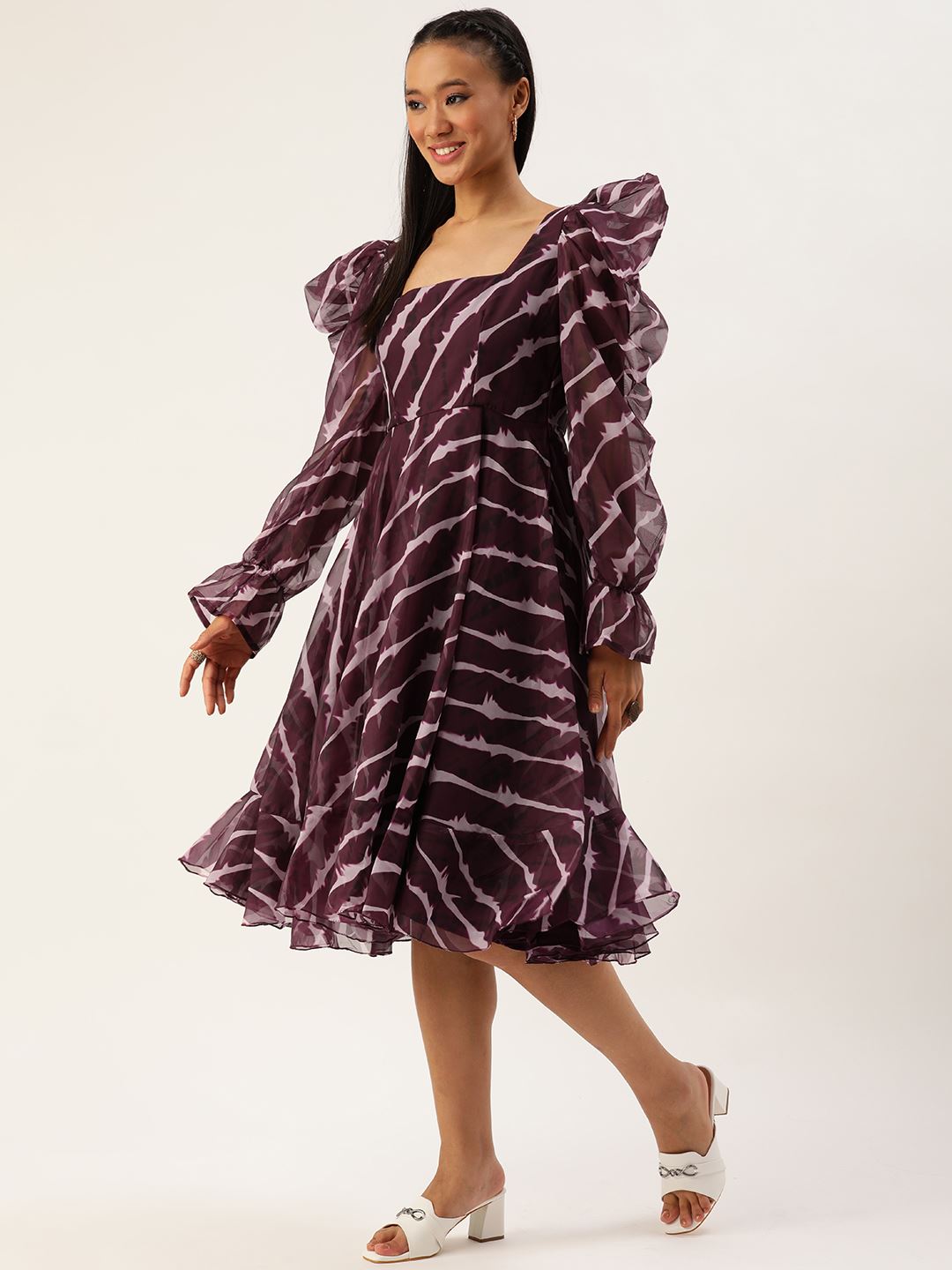 Purple Organza Dress & Gown With Leheriya Digital Print