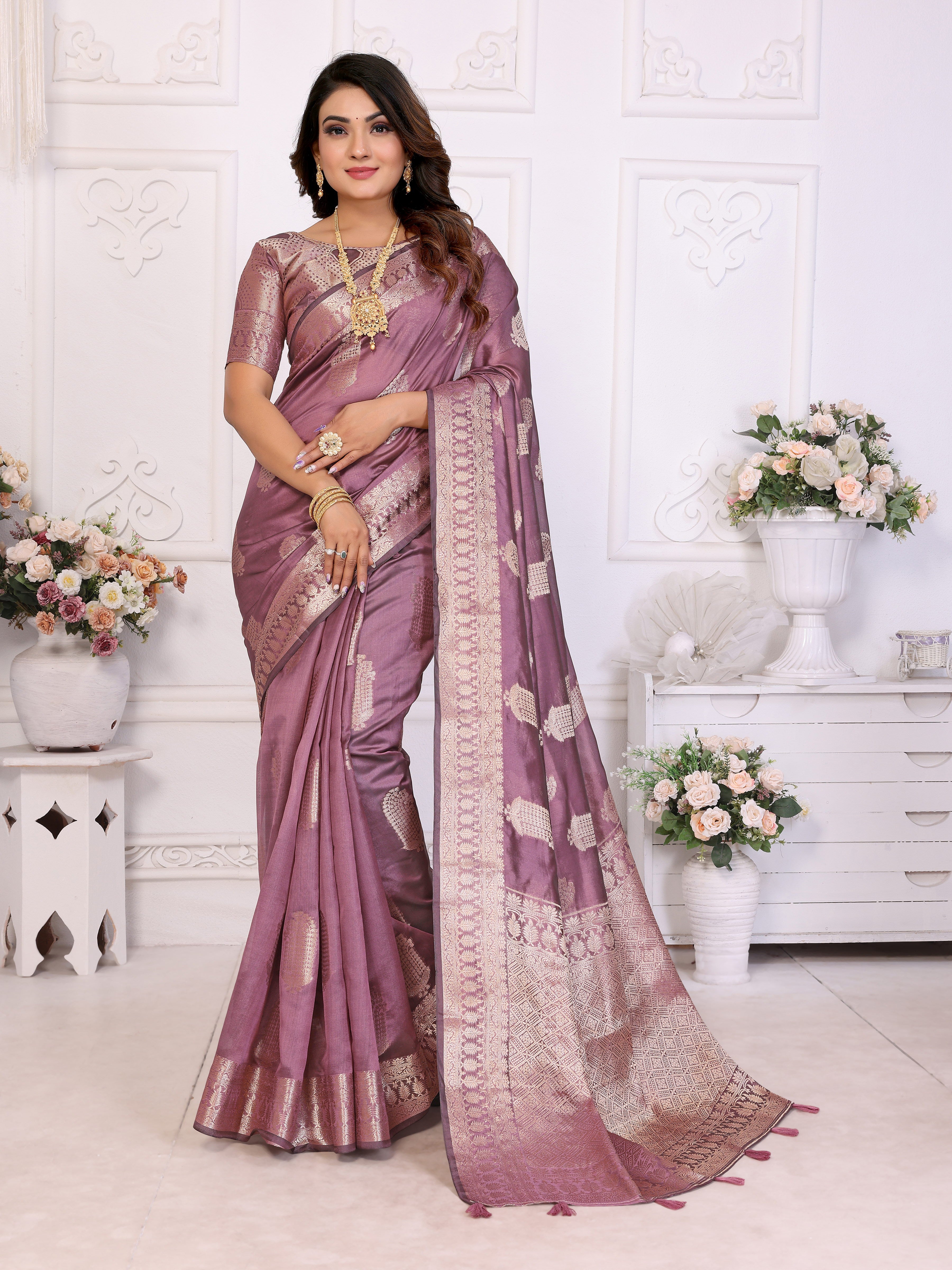 Purple Organza Gold Zari Designer Beautiful Festive Saree