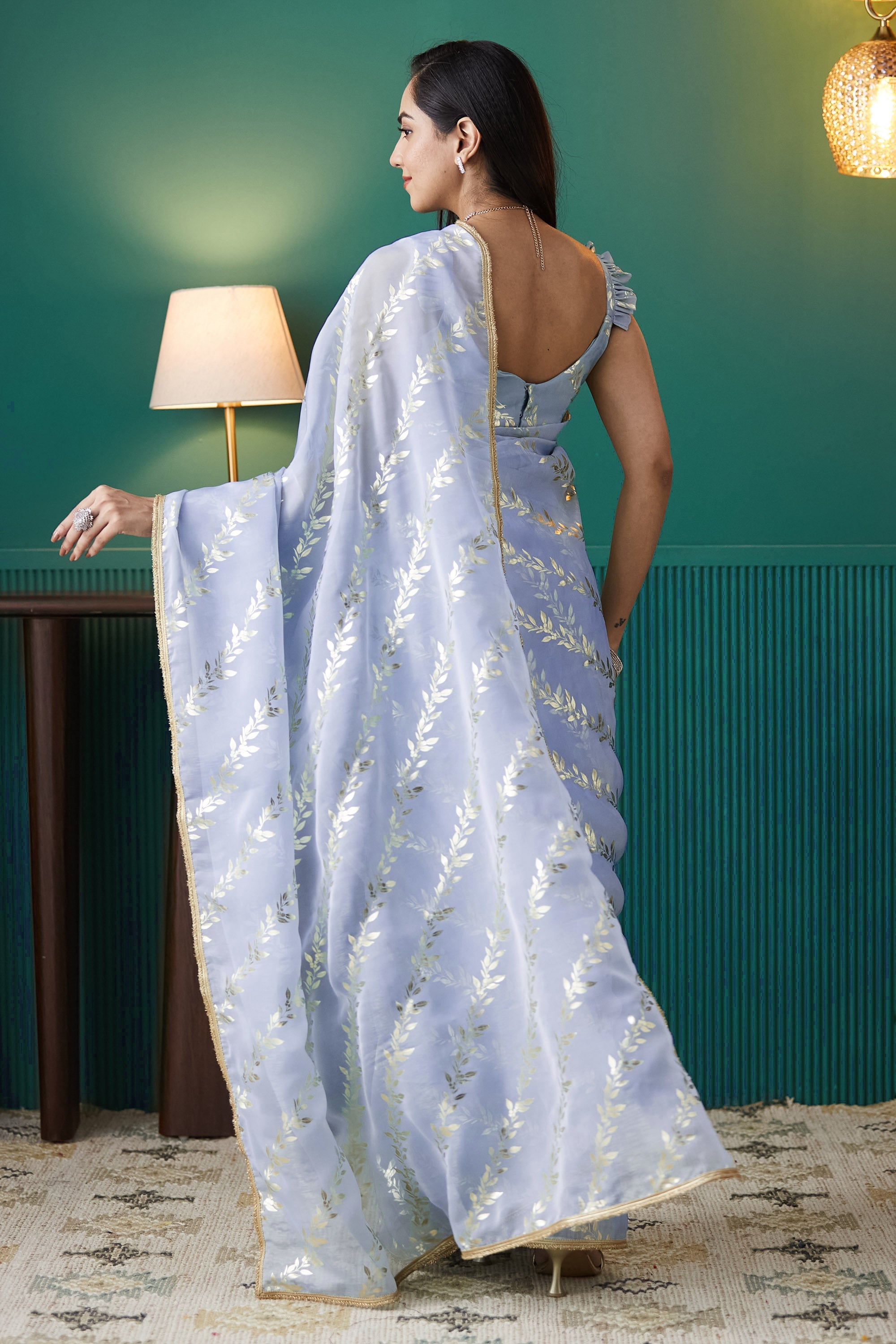 Purple Organza Solid Designer Foil Printed Saree