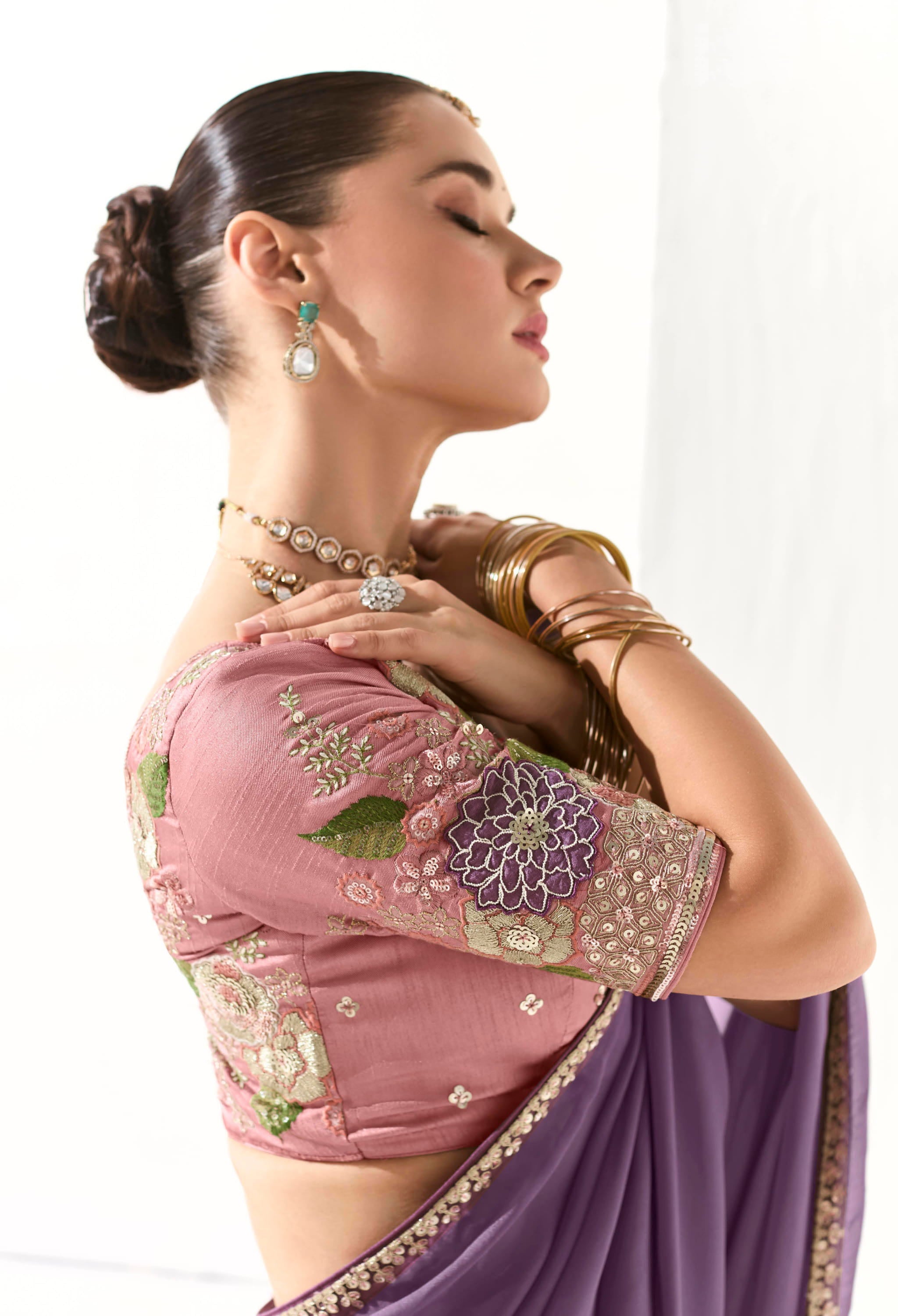 Purple Organza Tissue Saree With  Heavy Work Border With Embroidered Blouse