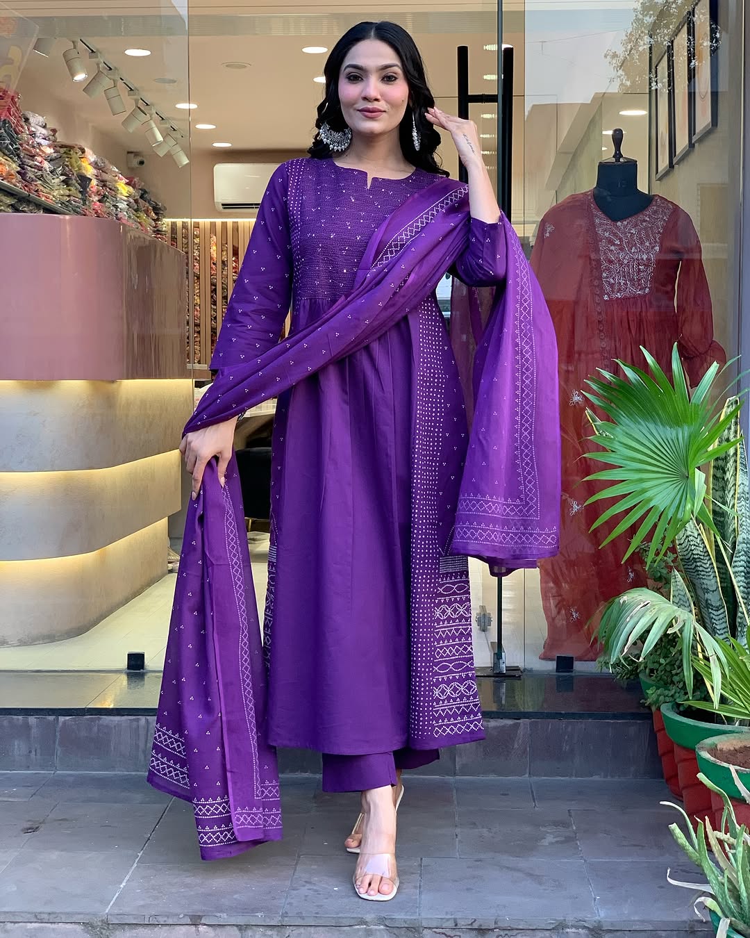 Purple P.V Chanderi Kurta Pant Set With Print With Thread Embroidery Work