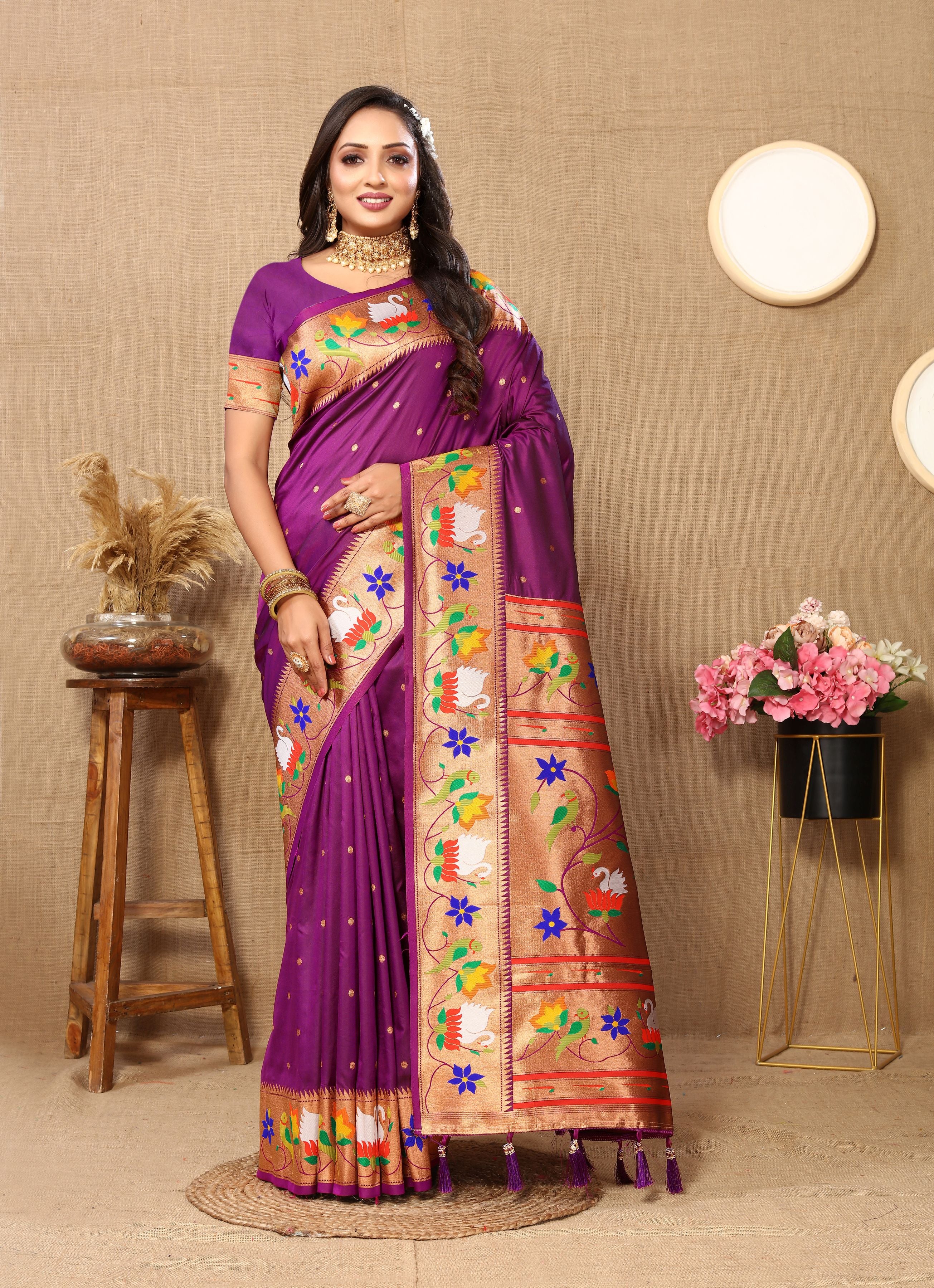 Purple Paithani Silk Woven Meenakari Paithani Designer Ethnic Heavy Looks Saree