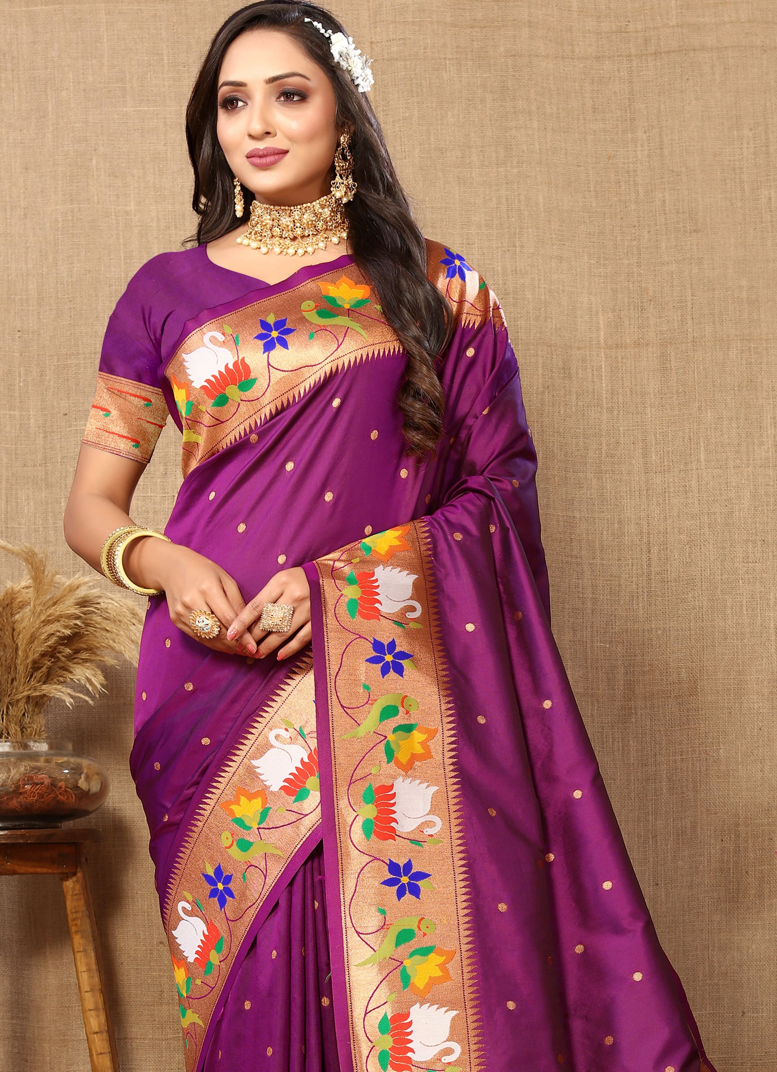 Purple Paithani Silk Woven Meenakari Paithani Designer Ethnic Heavy Looks Saree