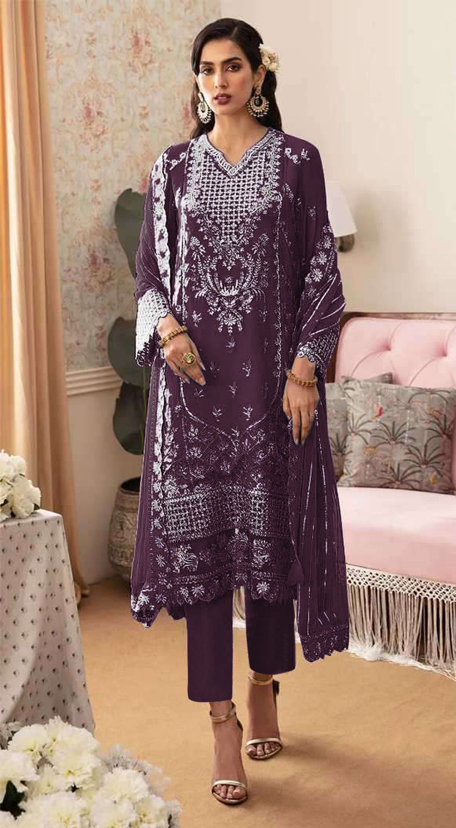 Purple Pakistani Salwar Suit With Heavy Embroidery Work