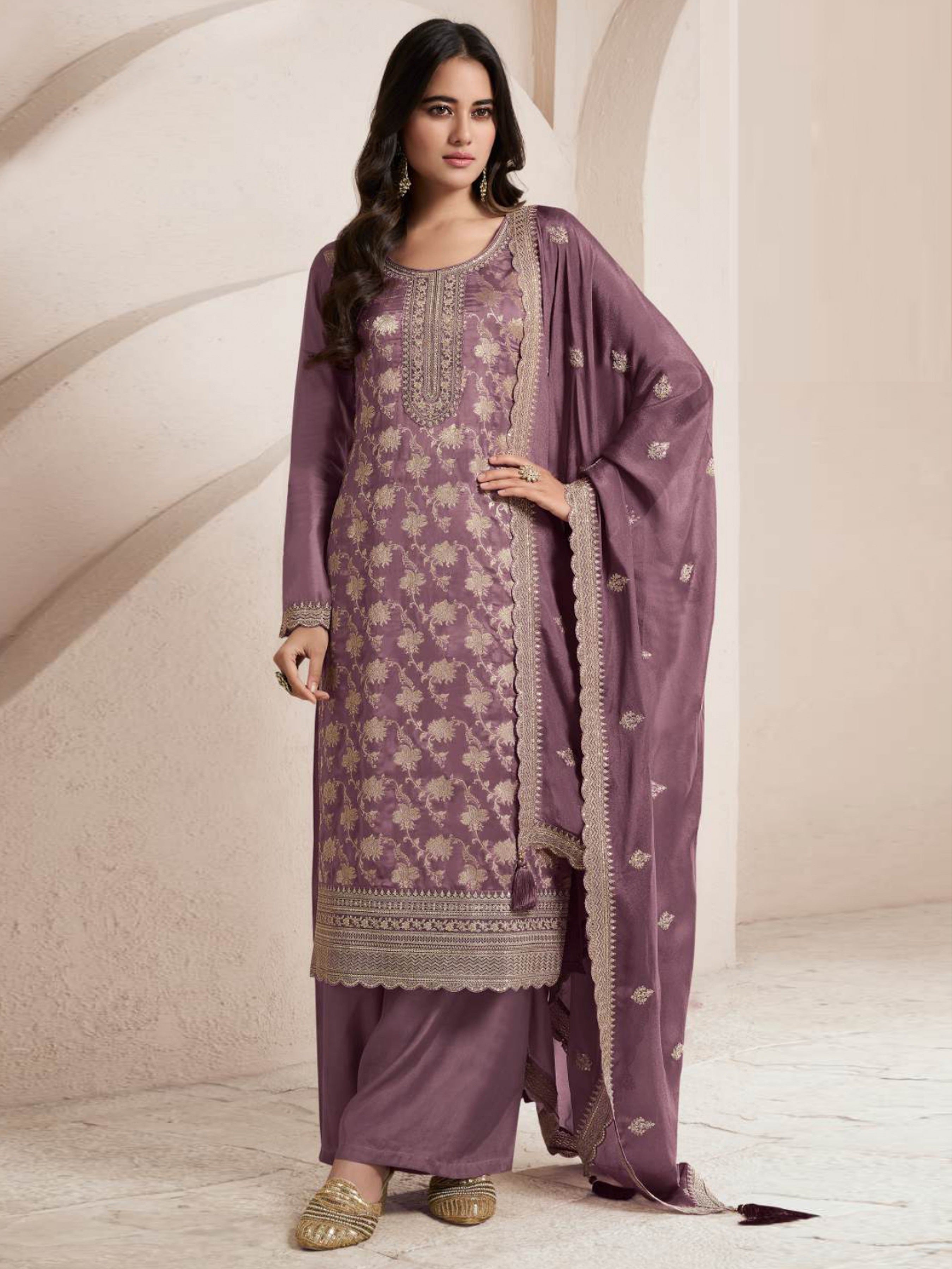 Purple Pakistani Salwar Suit With Heavy Embroidery Work