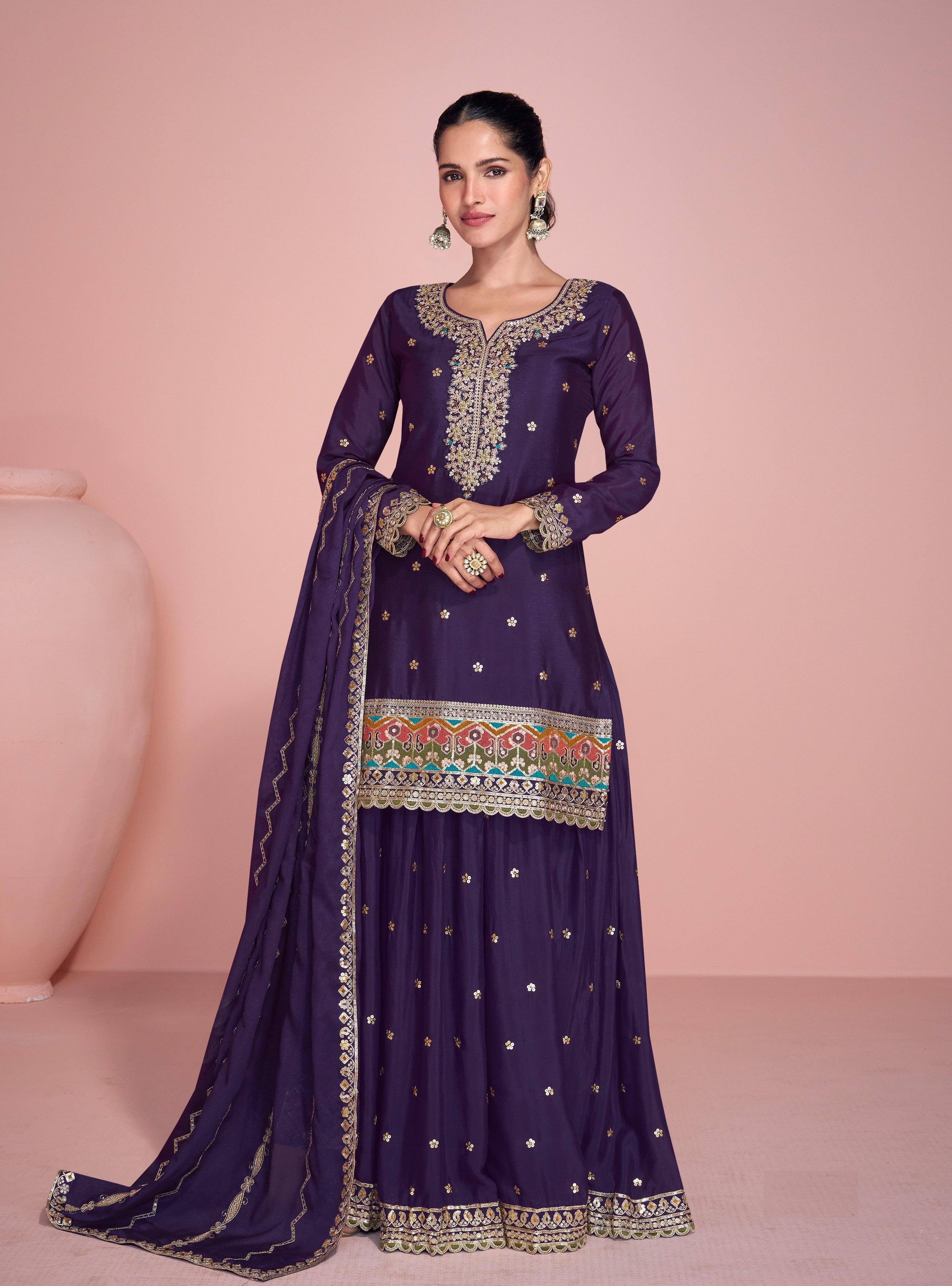 Purple Palazo Suit With Heavy Embroidery Work
