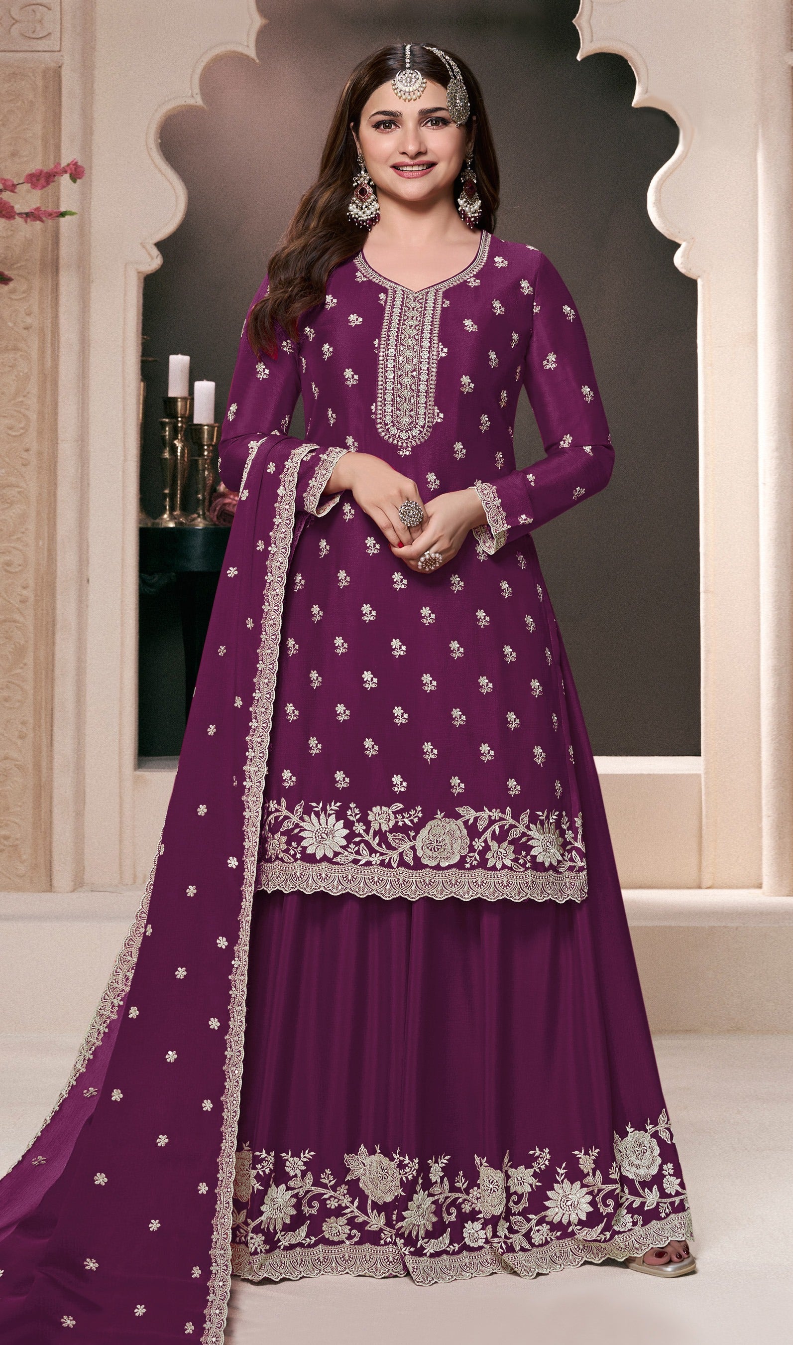 Purple Palazzo Style Salwar Suit With Heavy Embroidery Work