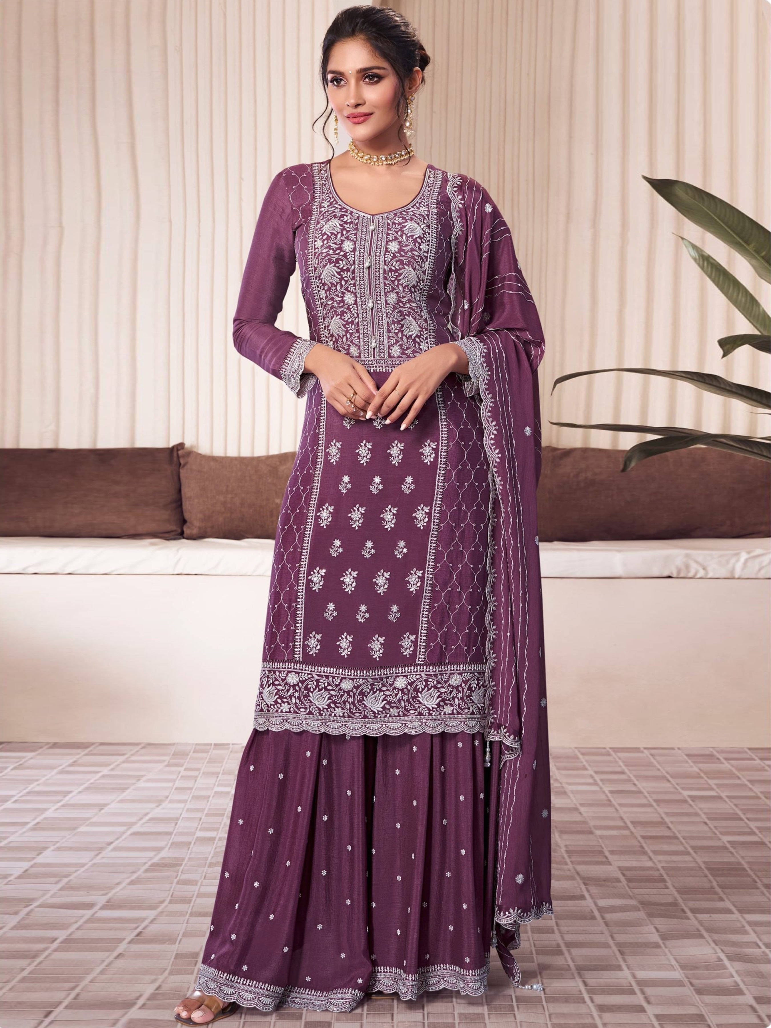 Purple Palazzo Style Salwar Suit With Heavy Embroidery Work