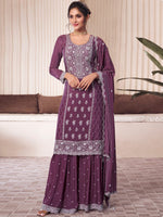 Purple Palazzo Style Salwar Suit With Heavy Embroidery Work