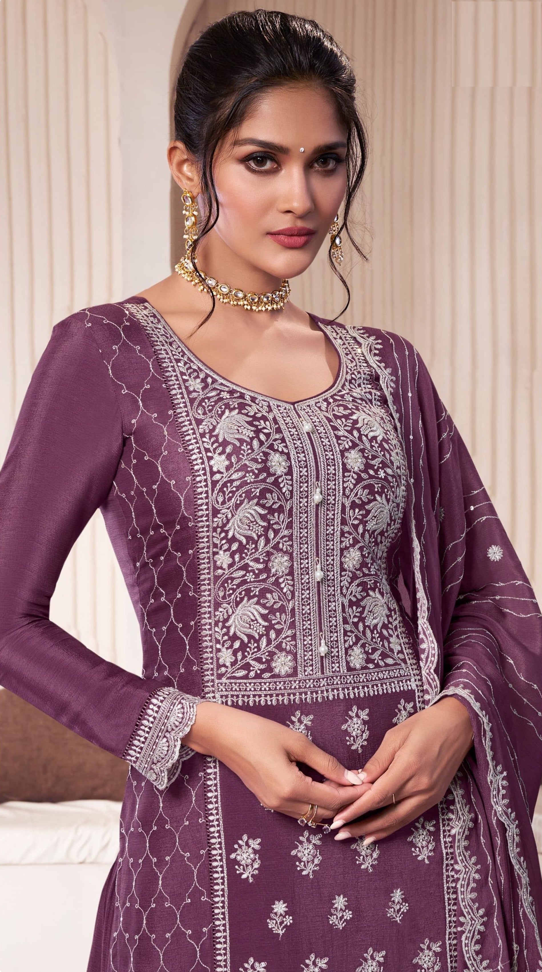 Purple Palazzo Style Salwar Suit With Heavy Embroidery Work