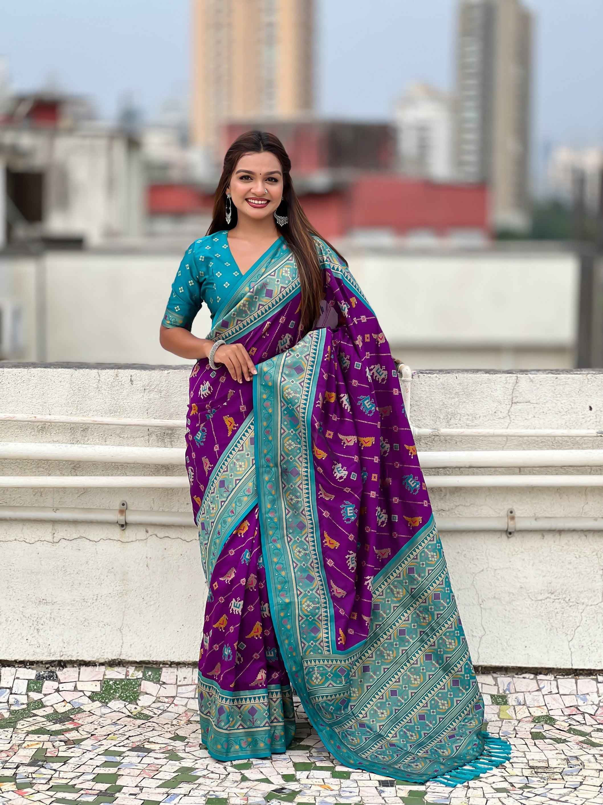 Purple Patola Silk Saree With Woven Meenakari Ikkat Designer For Festive Looks