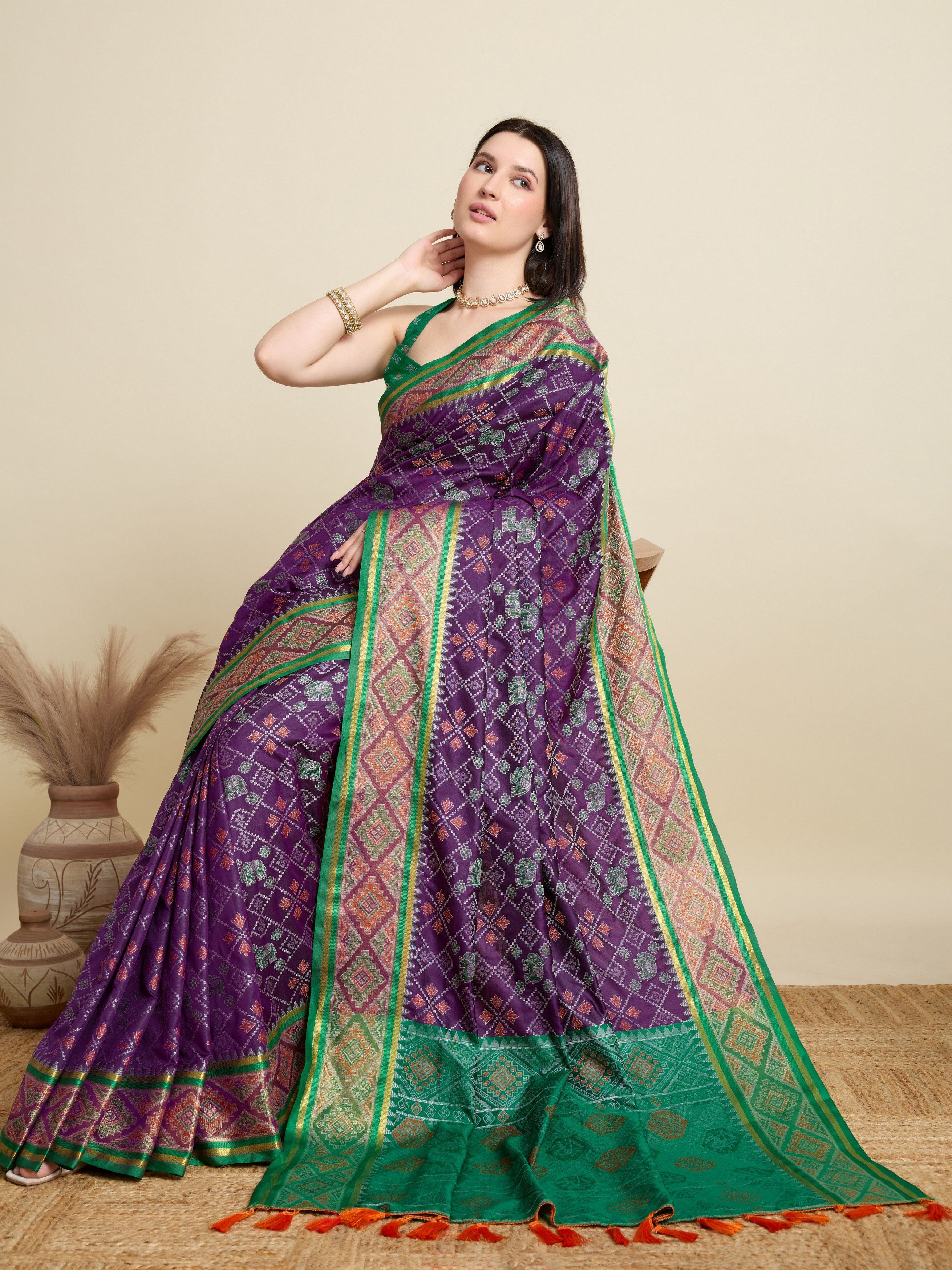 Purple Patola Silk Woven Meenakari Designer Partywear Saree