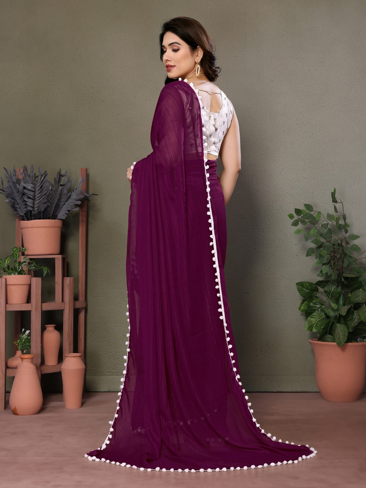 Purple Polyester Zari Saree With Plain Saree With Embroidery Work Blouse And Pum Pum Lace