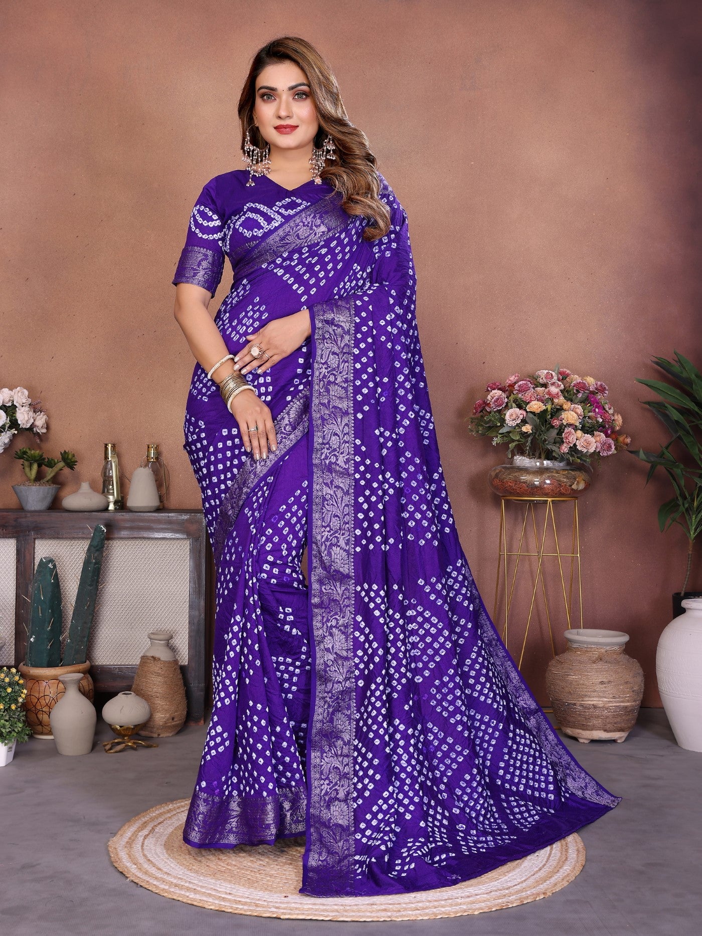 Purple Pure Dola Silk Saree With Handmade Original Bandhej