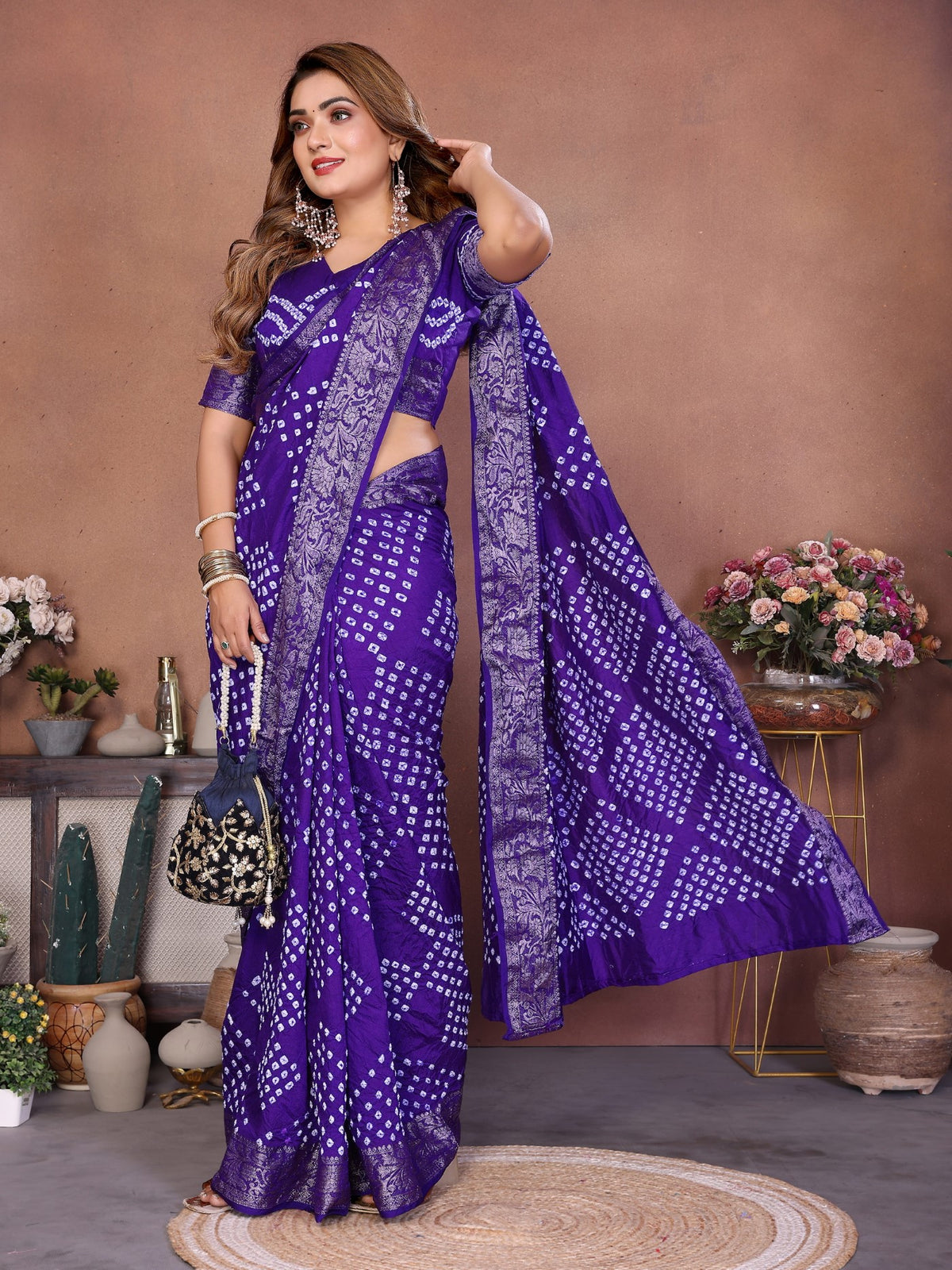 Purple Pure Dola Silk Saree With Handmade Original Bandhej