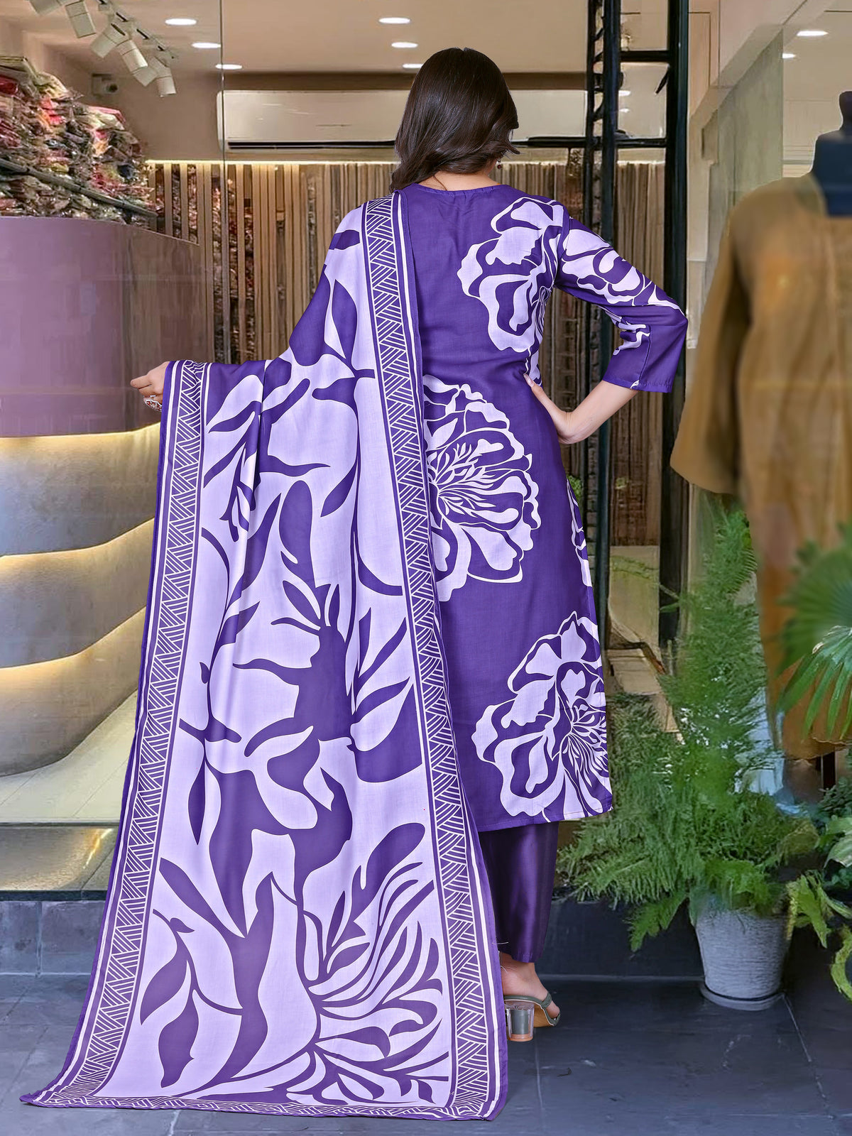 Purple Pure Mal Cotton Kurta Pant Set With Print With Thread Work On Neck