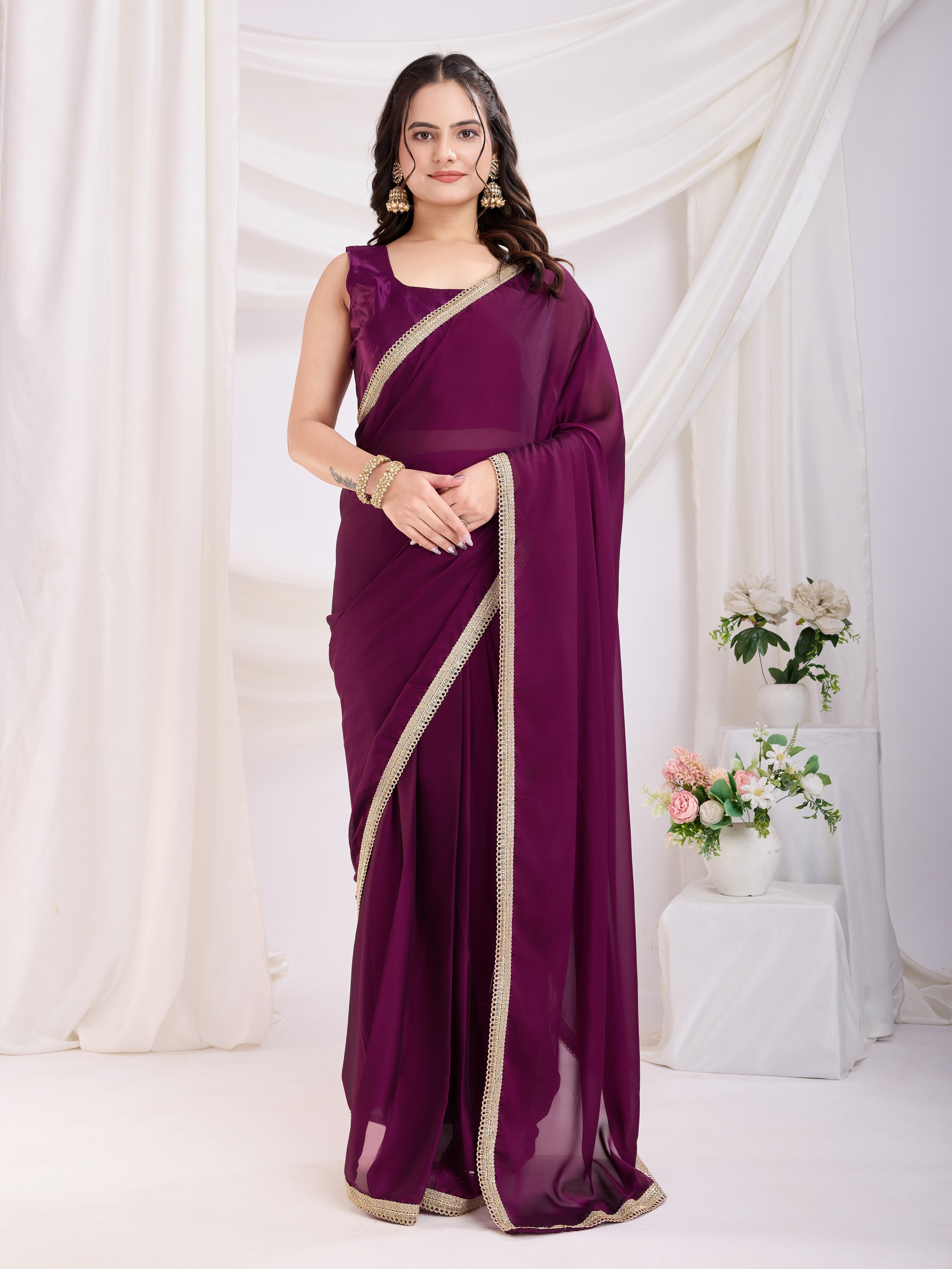 Purple Rangoli Silk Pre Stitched Solid Printed Saree With Lace Border