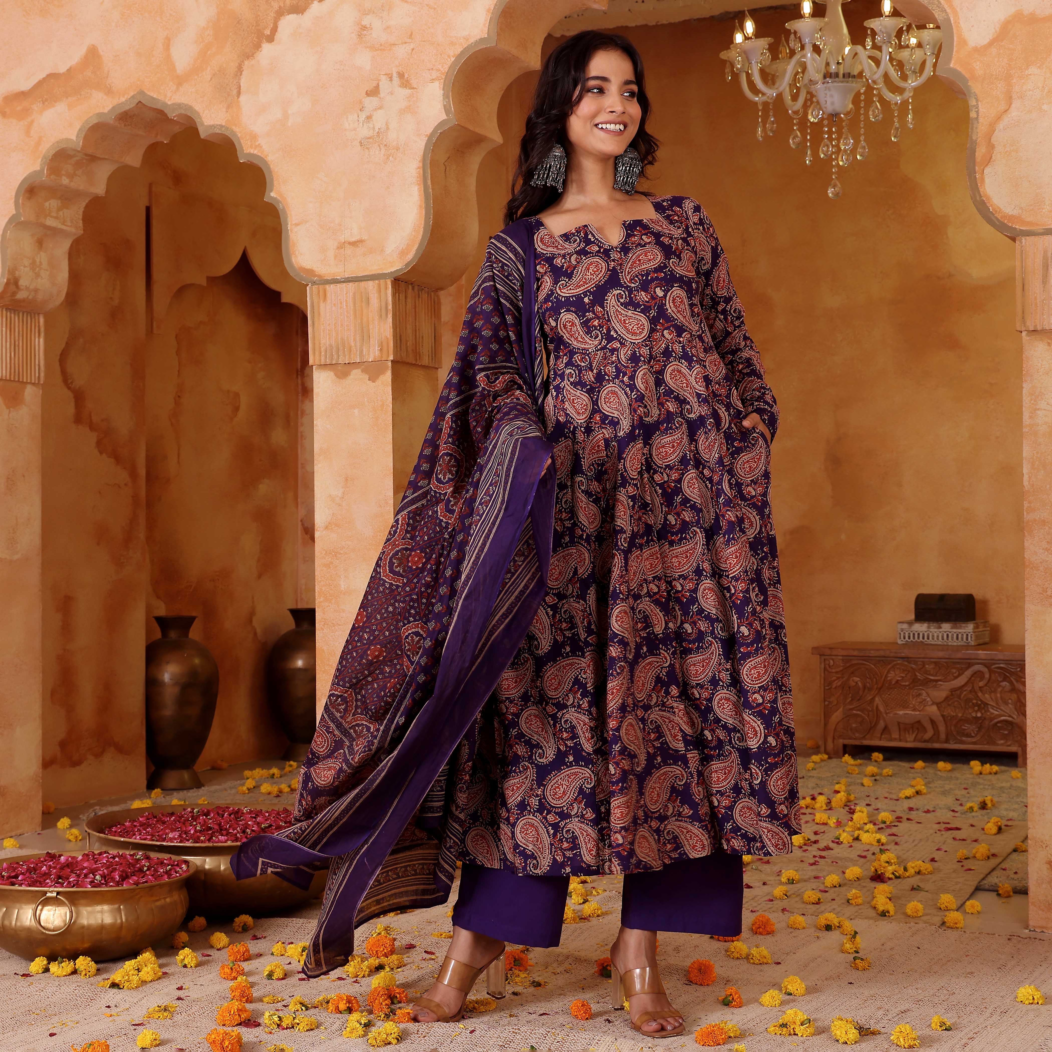 Purple Rayon Blend Kurta Pant Set  Printed