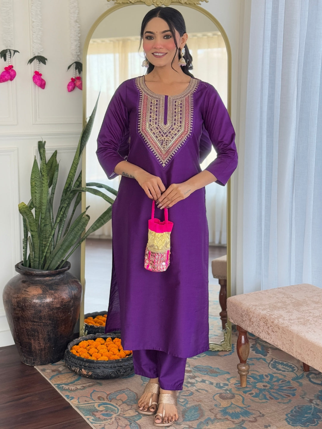 Purple Rayon Elegant Kurta Pant Set With Embroidery Work