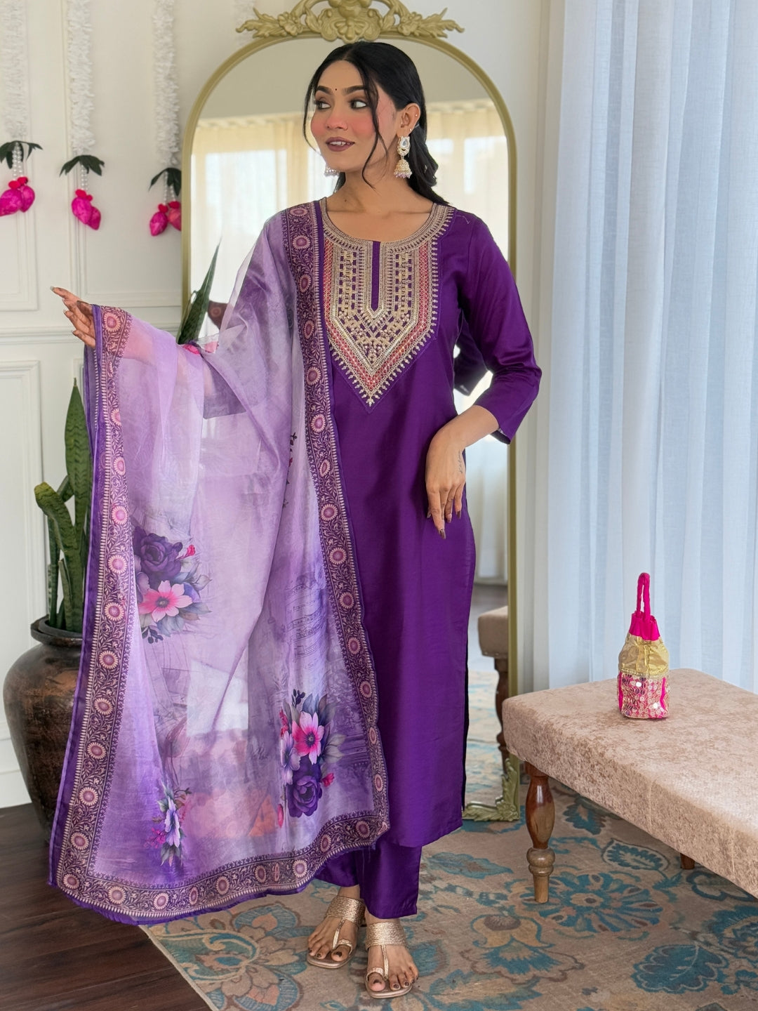 Purple Rayon Elegant Kurta Pant Set With Embroidery Work