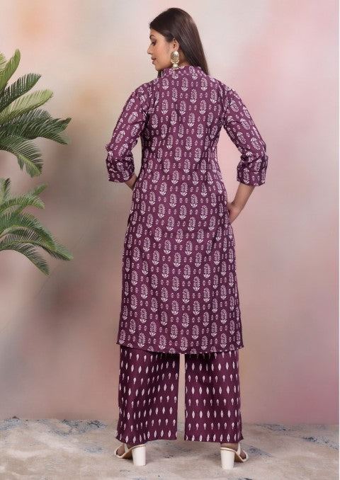 Purple Rayon Kurta Pant With Printed
