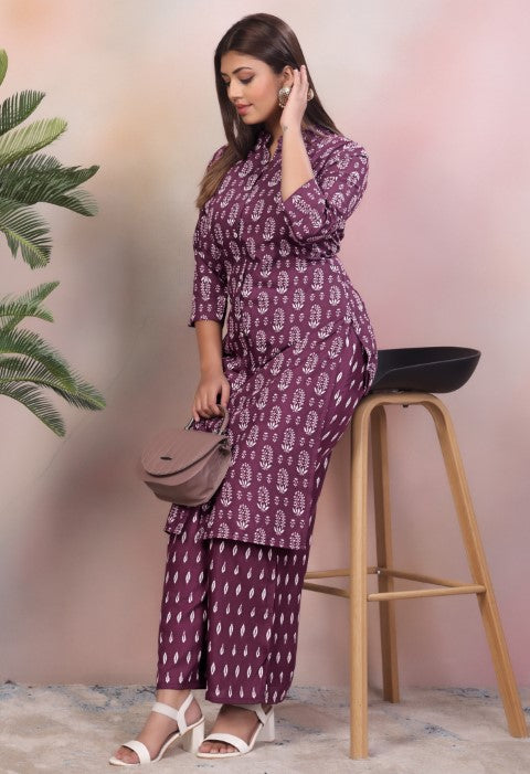 Purple Rayon Kurta Pant With Printed