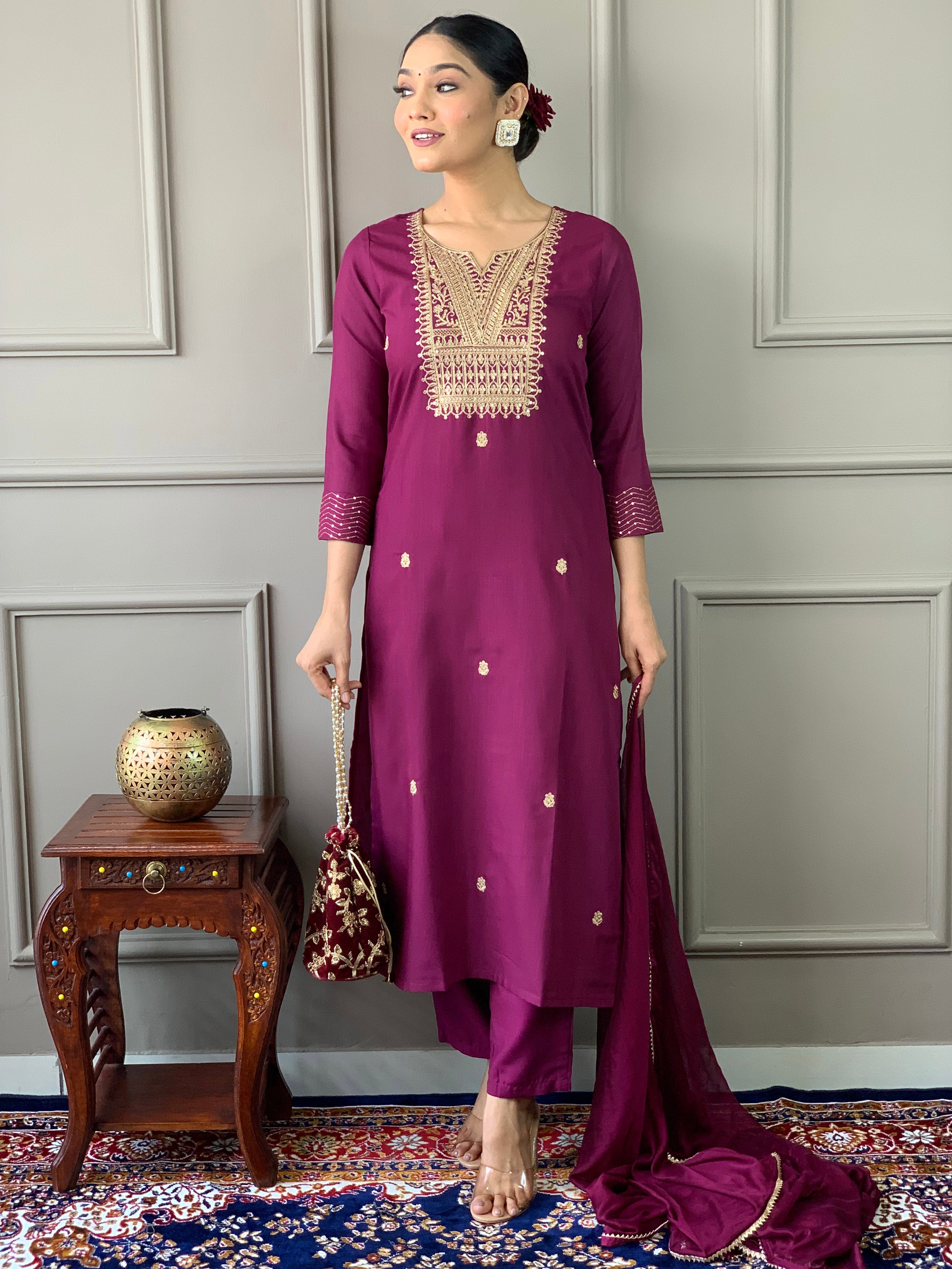 Purple Rayon Slub Elegant Kurta Pant Set With Embroidery Work
