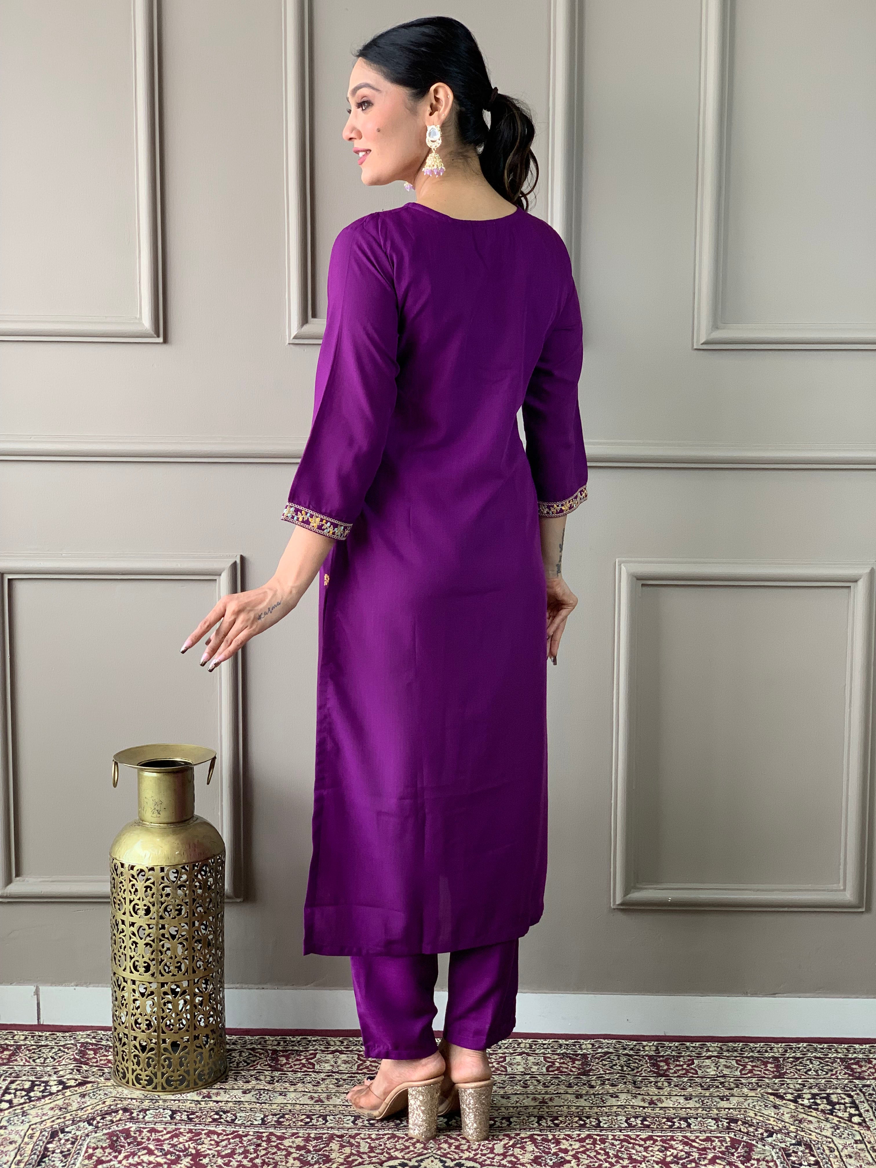 Purple Rayon Slub Elegant Kurta Pant Set With Embroidery Work