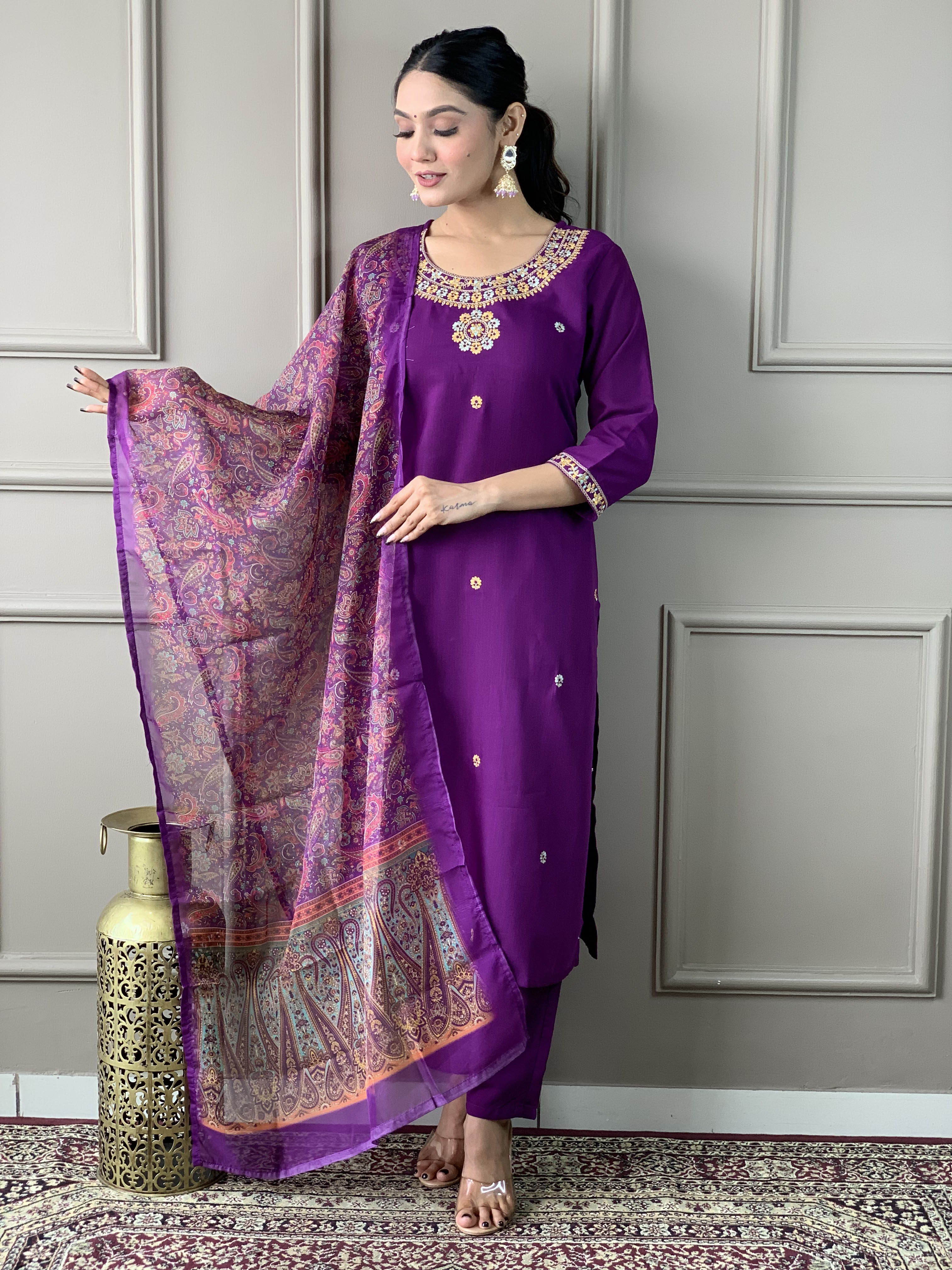 Purple Rayon Slub Elegant Kurta Pant Set With Embroidery Work