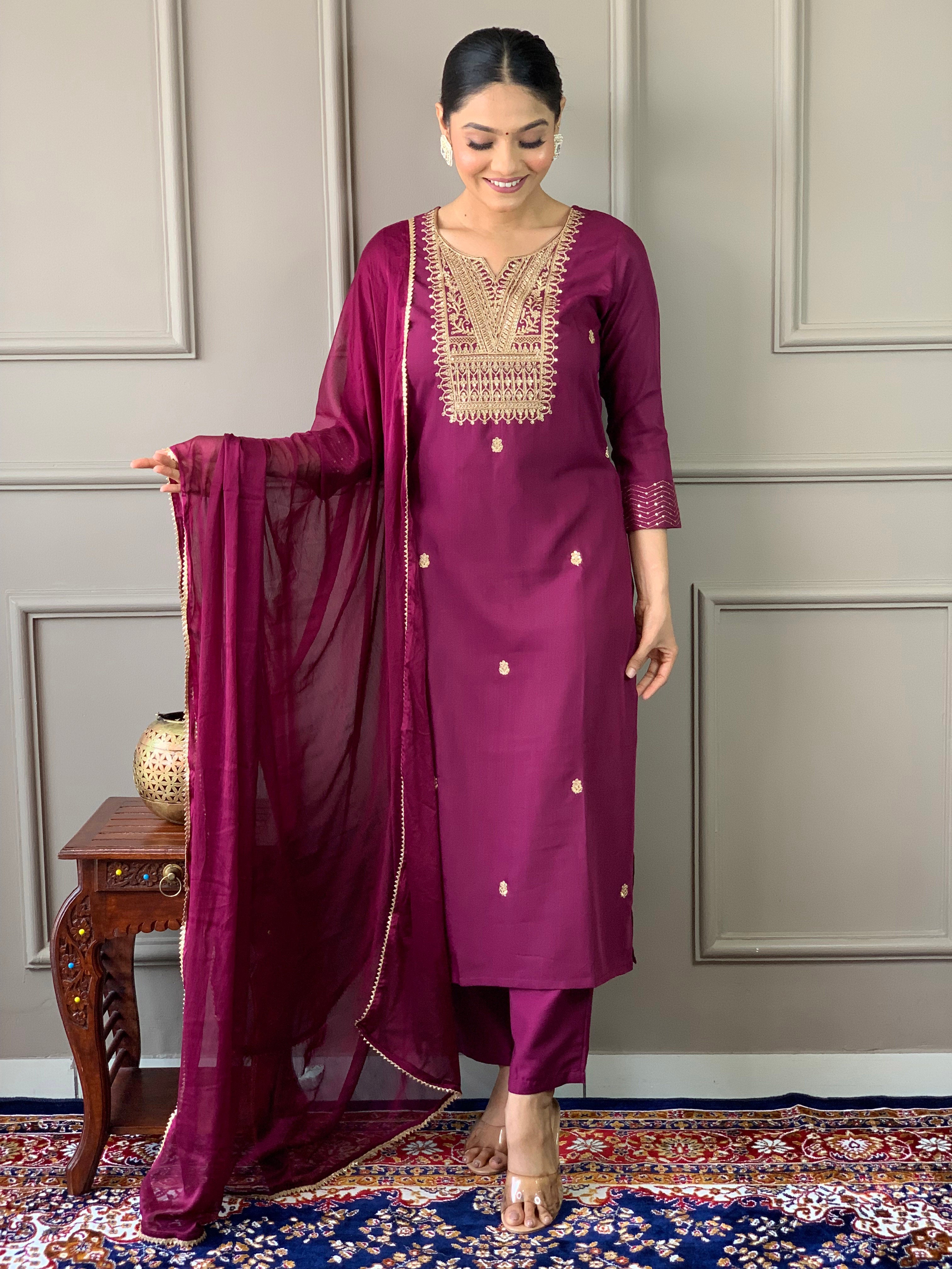 Purple Rayon Slub Elegant Kurta Pant Set With Embroidery Work