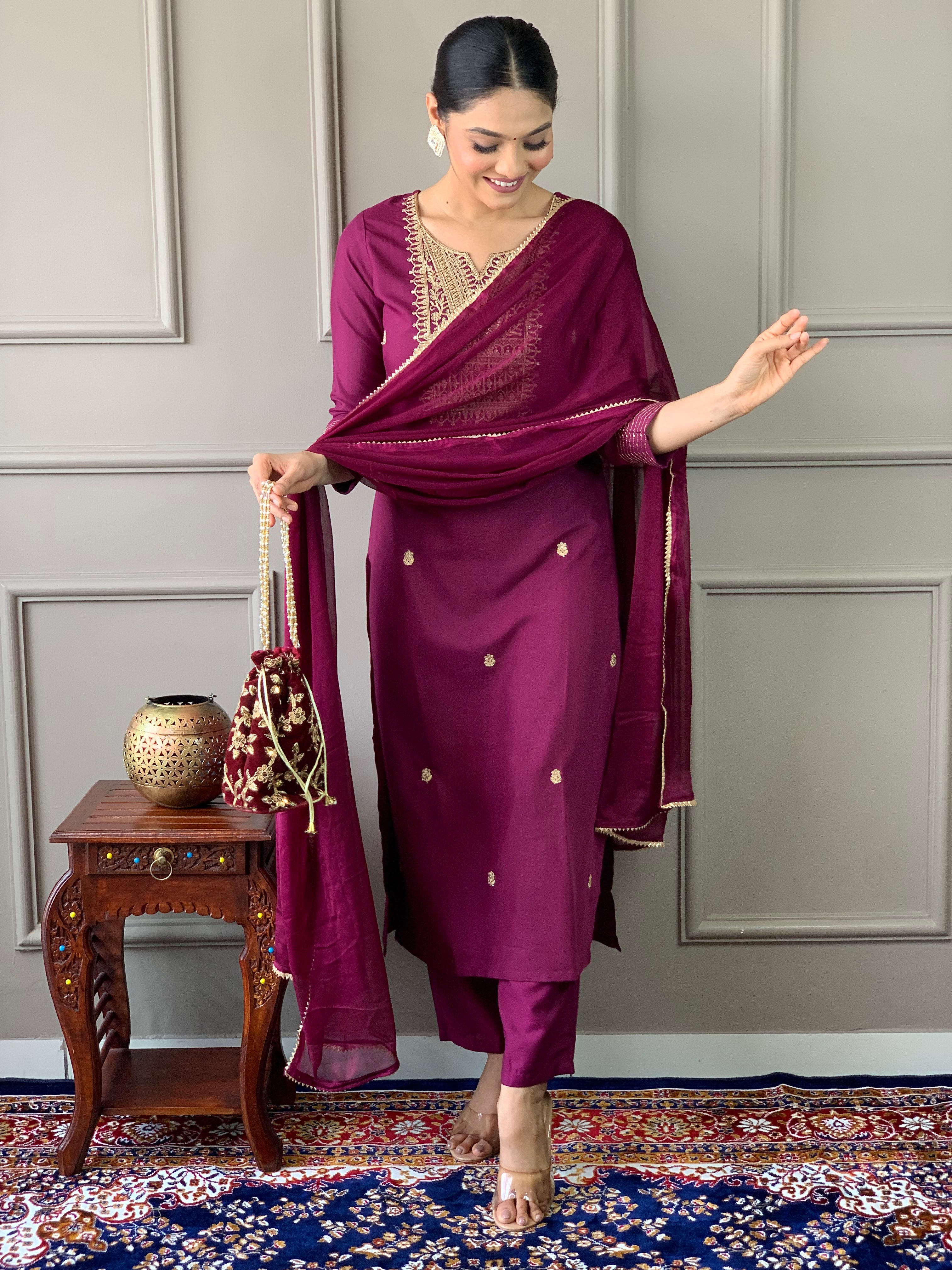 Purple Rayon Slub Elegant Kurta Pant Set With Embroidery Work