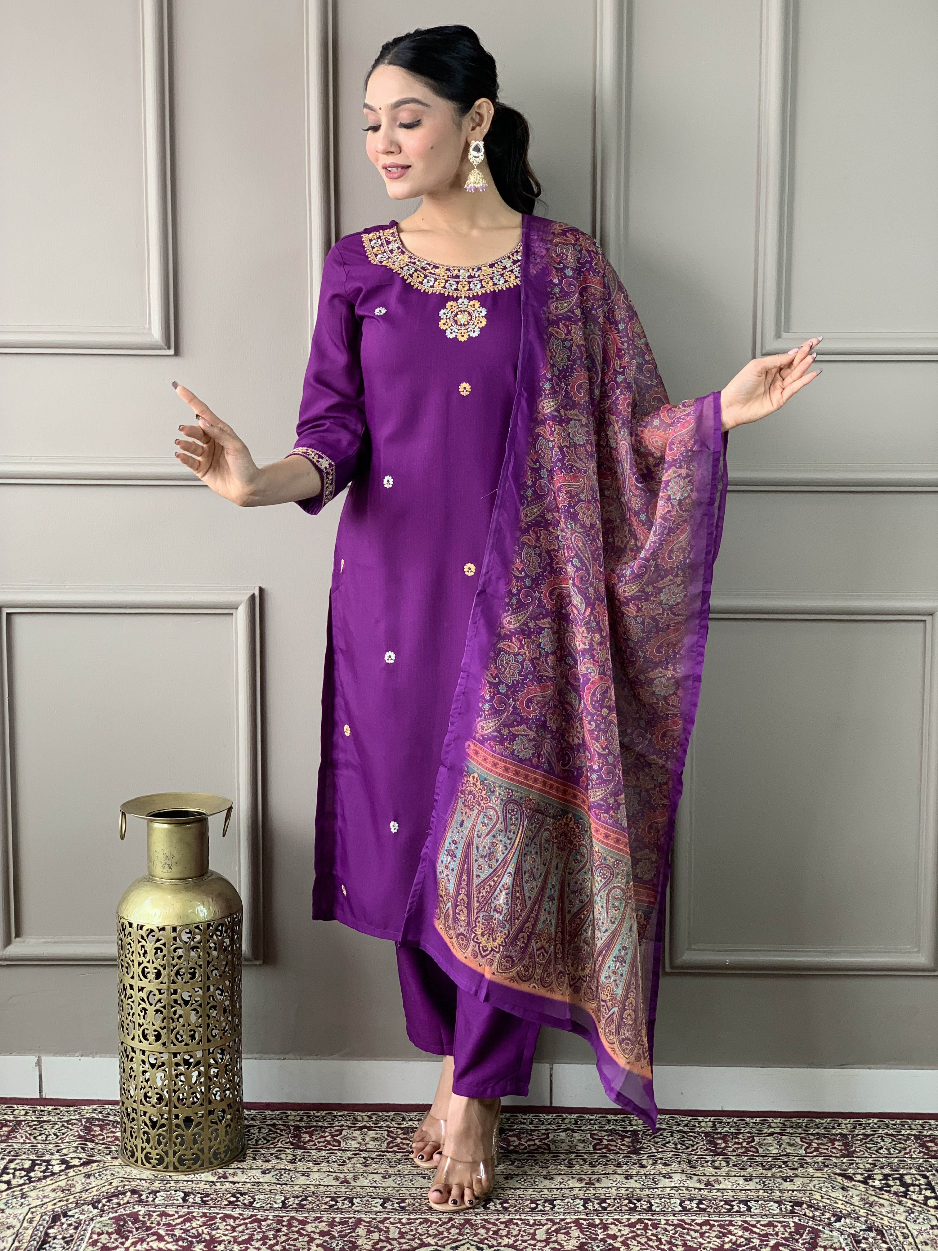Purple Rayon Slub Kurta Pant with Heavy Thread Embroidery Work With Printed Dupatta