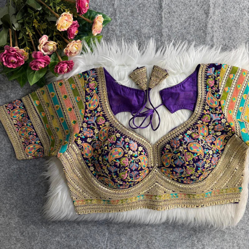 Purple Sabyasachi Style Heavy Kashmiri Thread & Cording Work Fox Georgette Blouse for Women