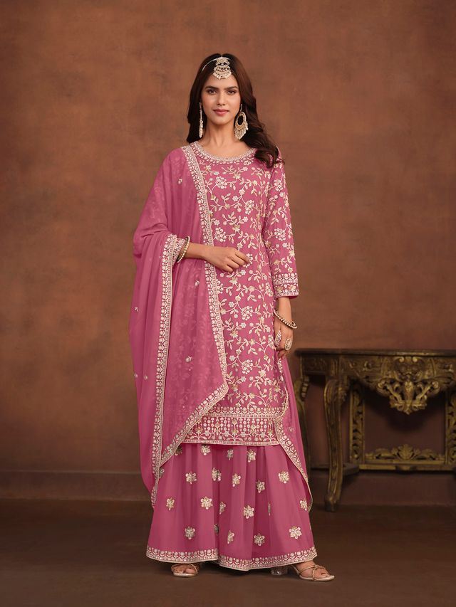 Purple Salwar Kameez With Thread Emboirdered Work