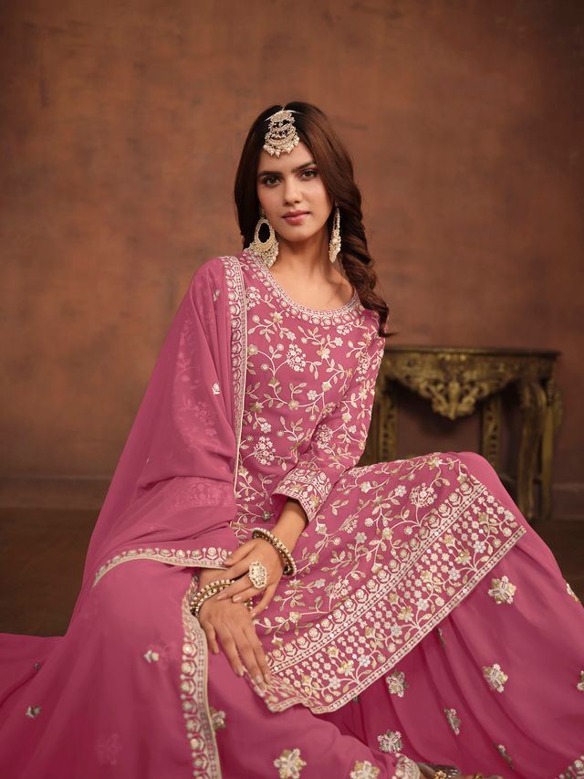 Purple Salwar Kameez With Thread Emboirdered Work