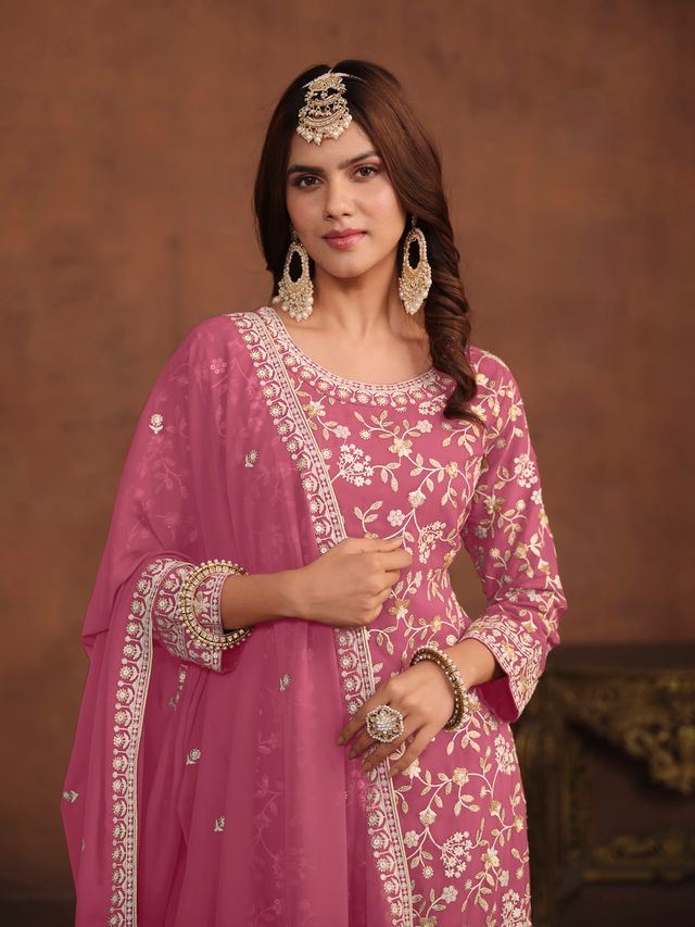 Purple Salwar Kameez With Thread Emboirdered Work