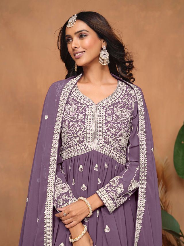Purple Salwar Kameez With Thread Emboirdered Work