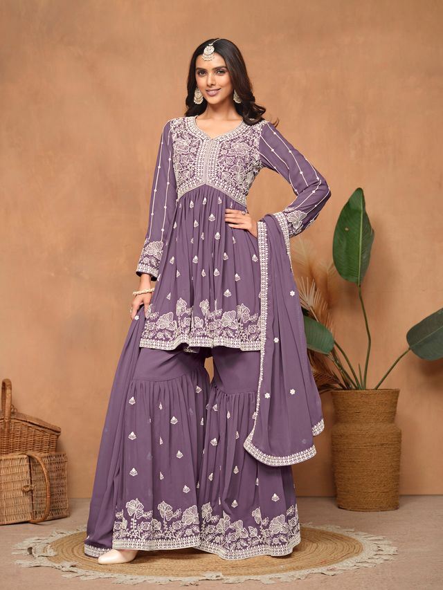 Purple Salwar Kameez With Thread Emboirdered Work