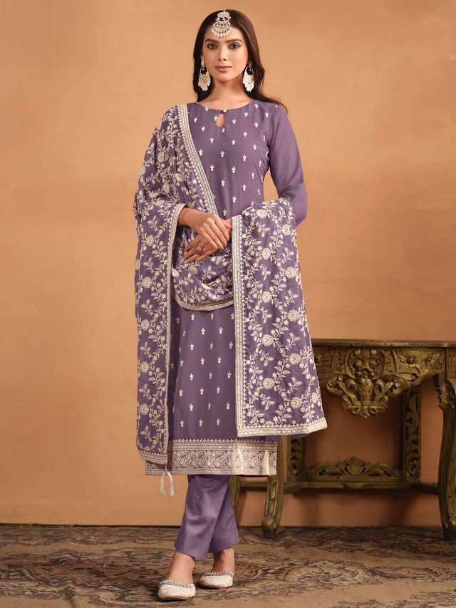 Purple Salwar Kameez With Thread Emboirdered Work