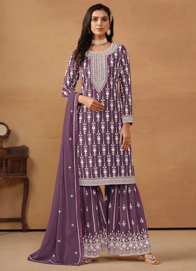 Purple Salwar Kameez With Thread Emboirdered Work